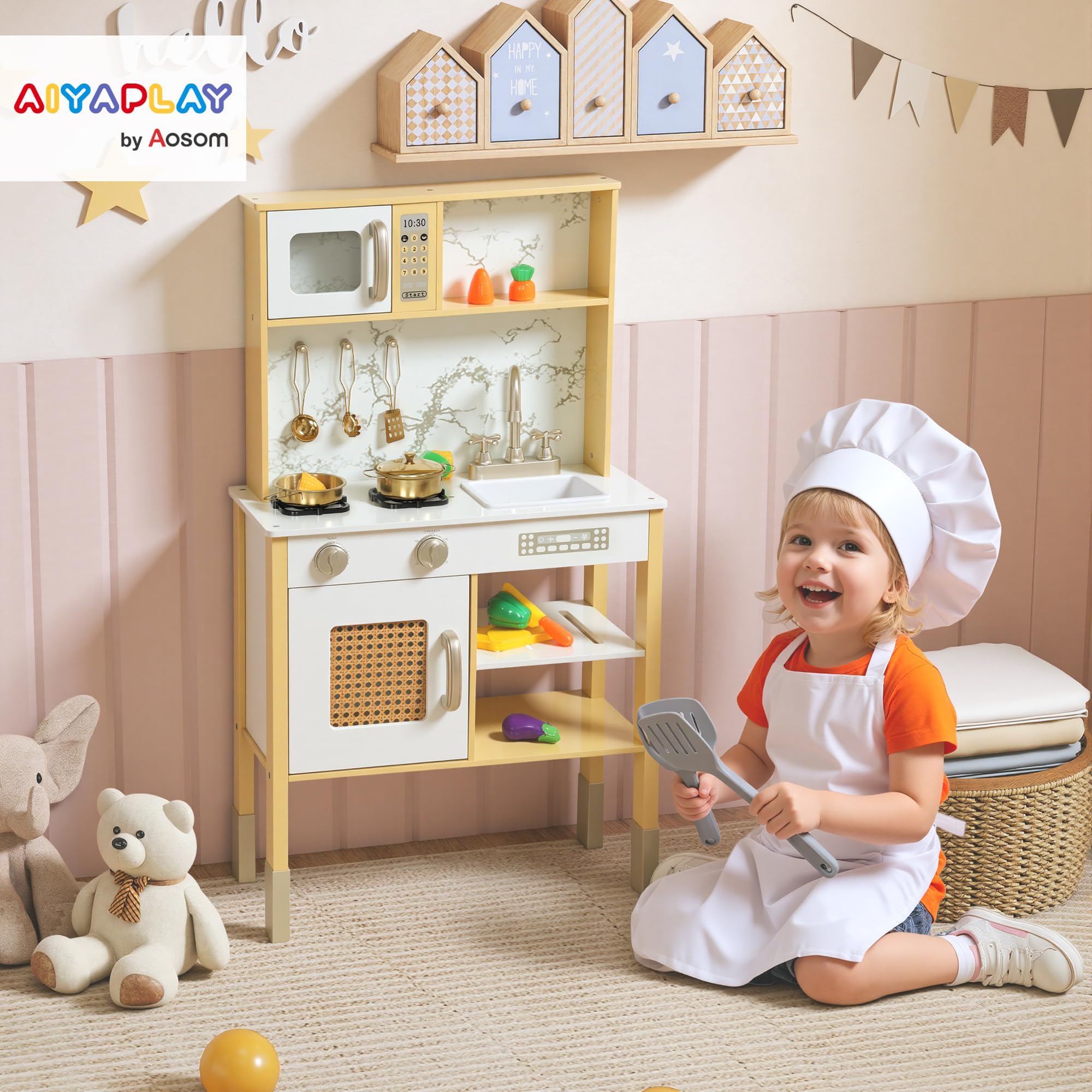 Cocina De Juguete De Madera AIYAPLAY Con Sonido, Microondas, Horno, Fregadero Y 12 Accesorios, Incluye Verduras Para Cortar, Altura De 96 Cm, Para Niños De 3 A 6 Años, Color Rosa