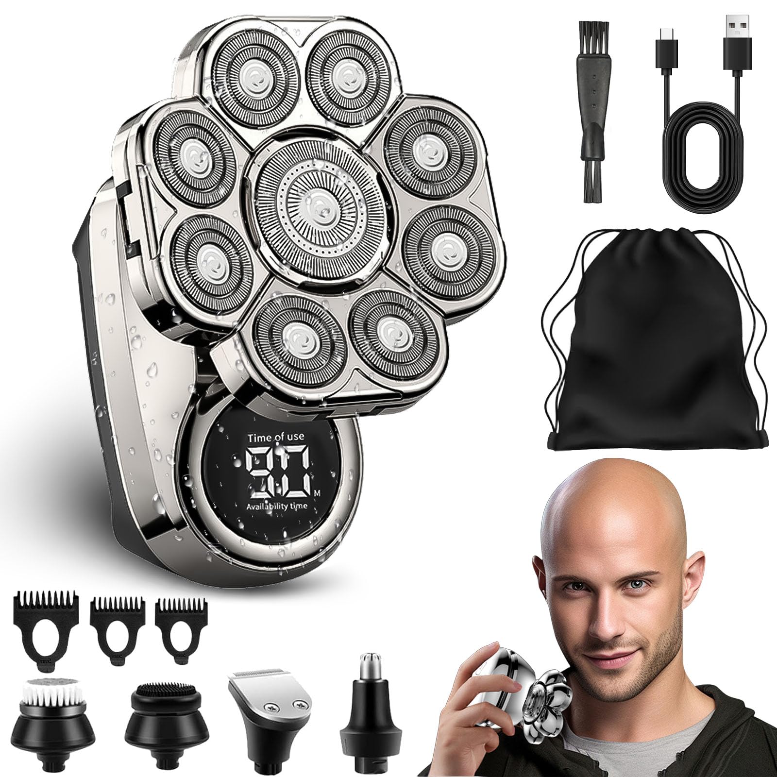 9.0 Shaver, Head Shavers for Bald Men, 6-in-1 Electric Razor - Led Display Rechargeable Head Shaving Kit with USB-C Fast Charge, IPX7 Waterproof (