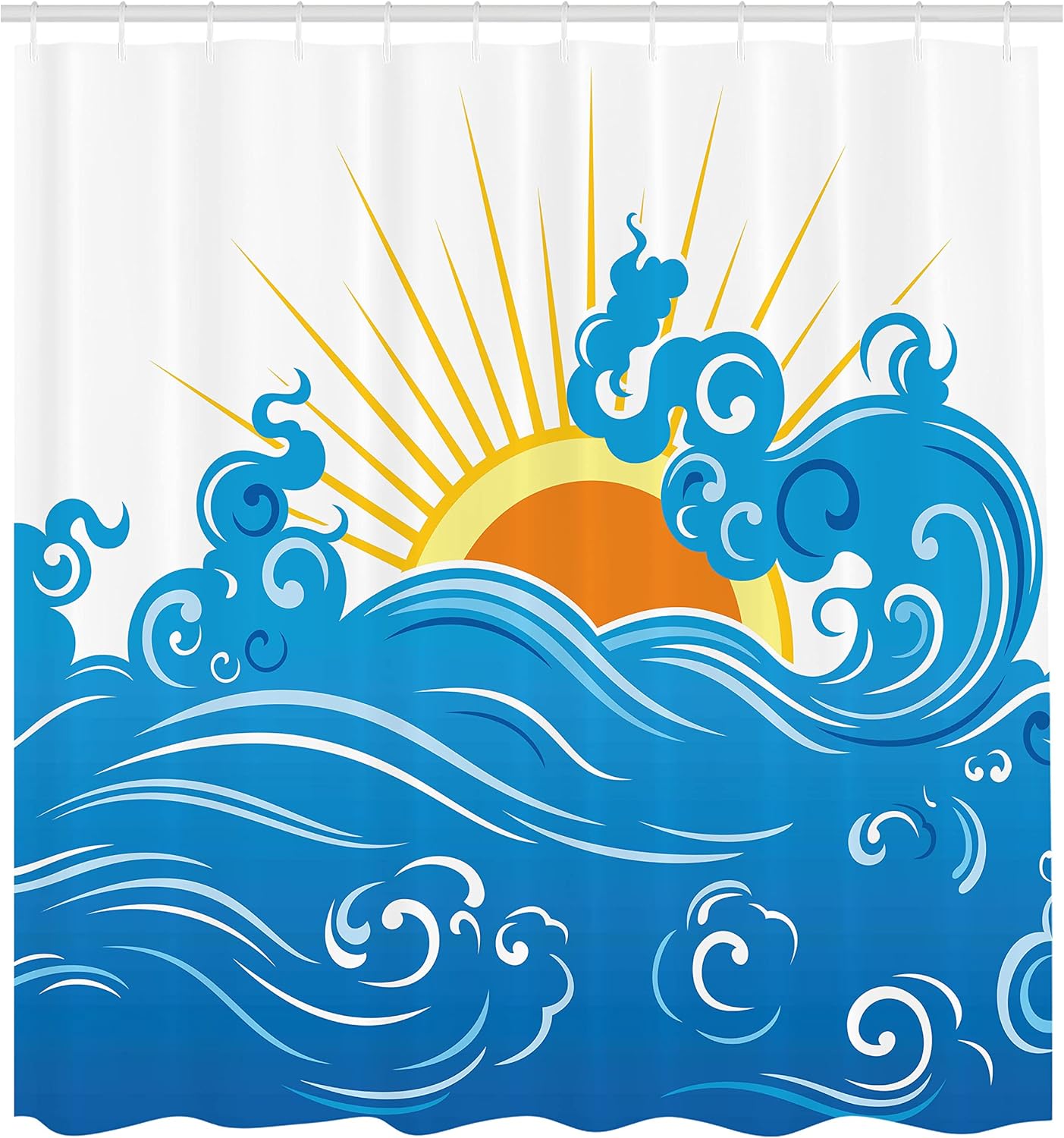 Abstract Shower Curtain by Ambesonne, Curved Ocean Waves with Sun Rising with Vibrant Sharp Rays Seascape Art, Fabric Bathroom Decor Set with Hooks, 70 Inches, Blue Yellow Orange