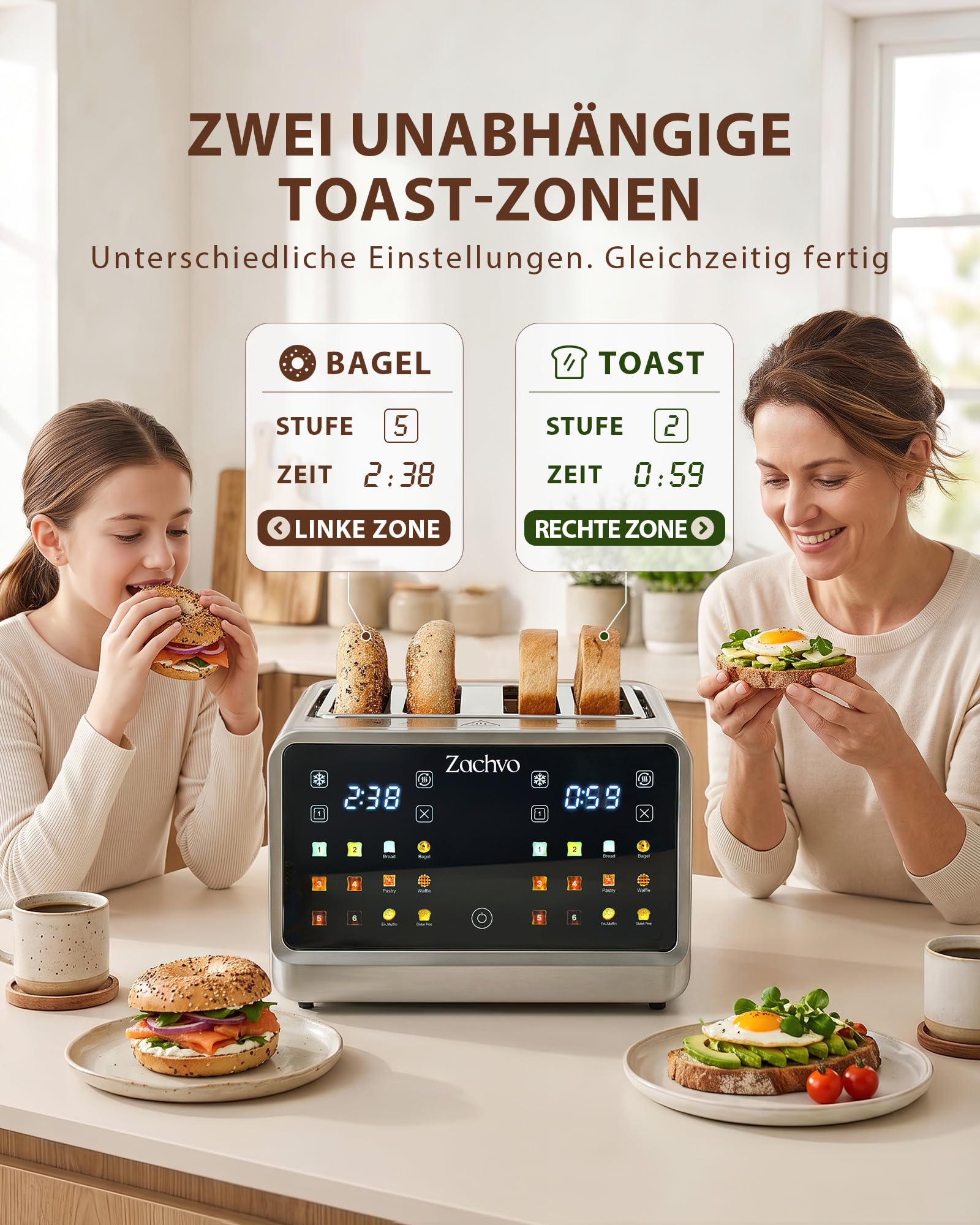 Toaster 4 Scheiben mit 2 unabhängige Toastzonen und Touchscreen