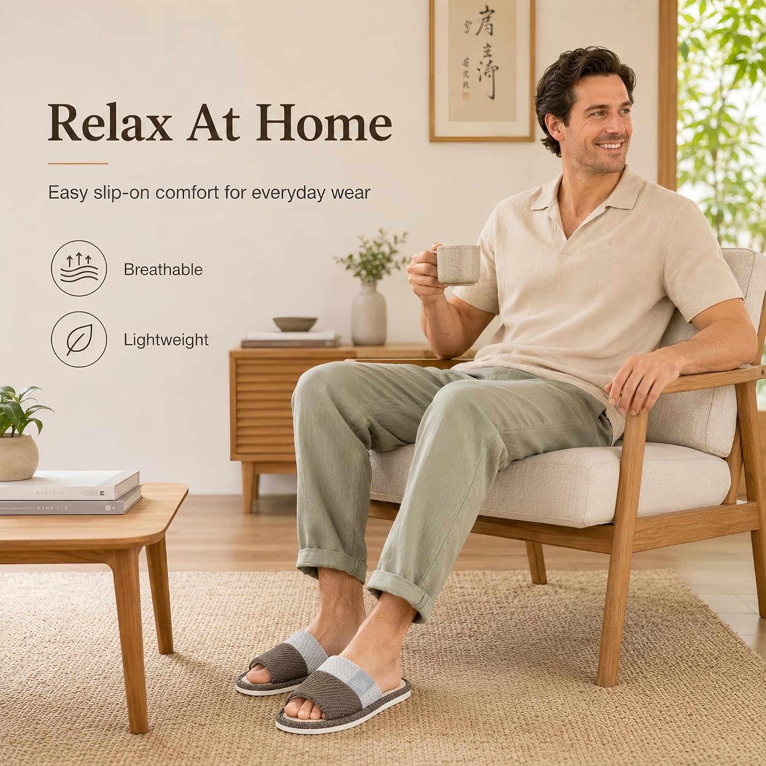 Japanese Style Linen House Slippers For Women Men Open Toe Breathable Lightweight Indoor Home Shoes Anti Skid Sole Soft Comfy Easy Wear Guest Bedroom Living Room Casual Cozy Comfortable Minimalist