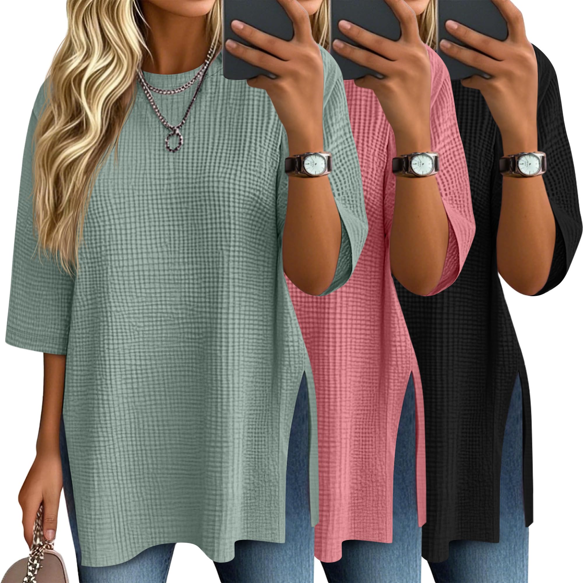 Photo 1 of Baggyfly 3 Pack Women's 3/4 Sleeve Waffle Knit Tops Oversized Crewneck T-Shirts Loose Casual Blouses Side Split Tees(Black, Brick Red, Gray-Green,Small)