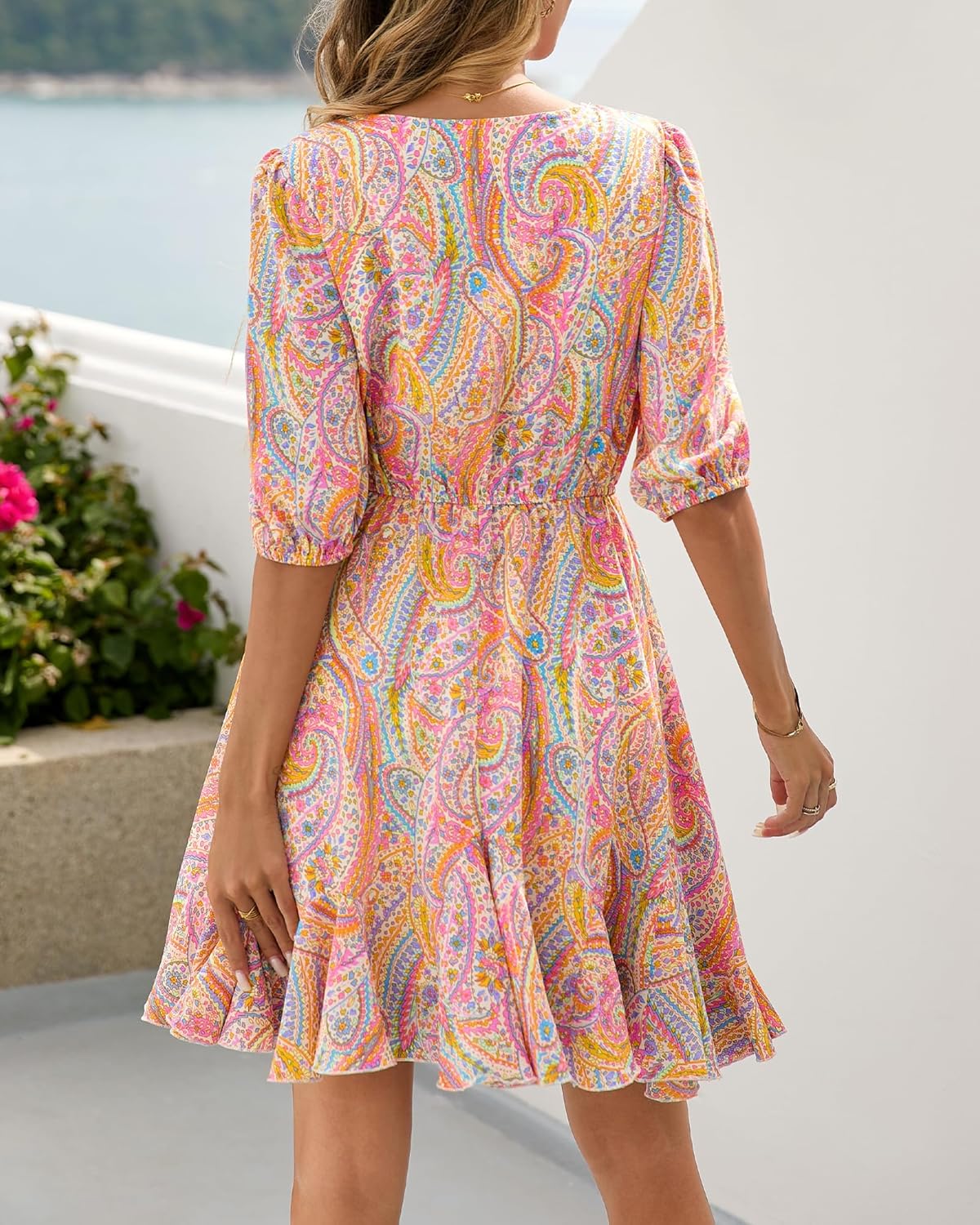 BTFBM Women Summer Spring Floral Boho Dress 2026 V Neck Short Sleeve Ruffle Beach Vacation Clothes Wedding Guest Dresses - Image 3