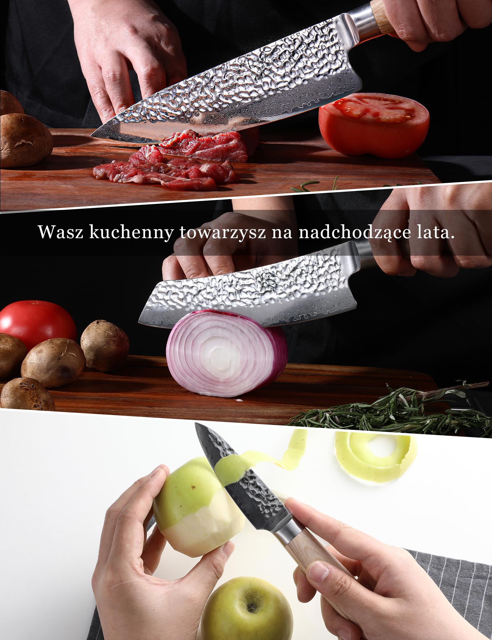 Jingseiho Zestaw Noży Damasceńskich - Stal Kuta VG-10 67 Warstw, Włączając Nóż Szefa Kuchni, Santoku i Nóż do Obierania, Wytrzymałe Noże Kuchenne dla Domu