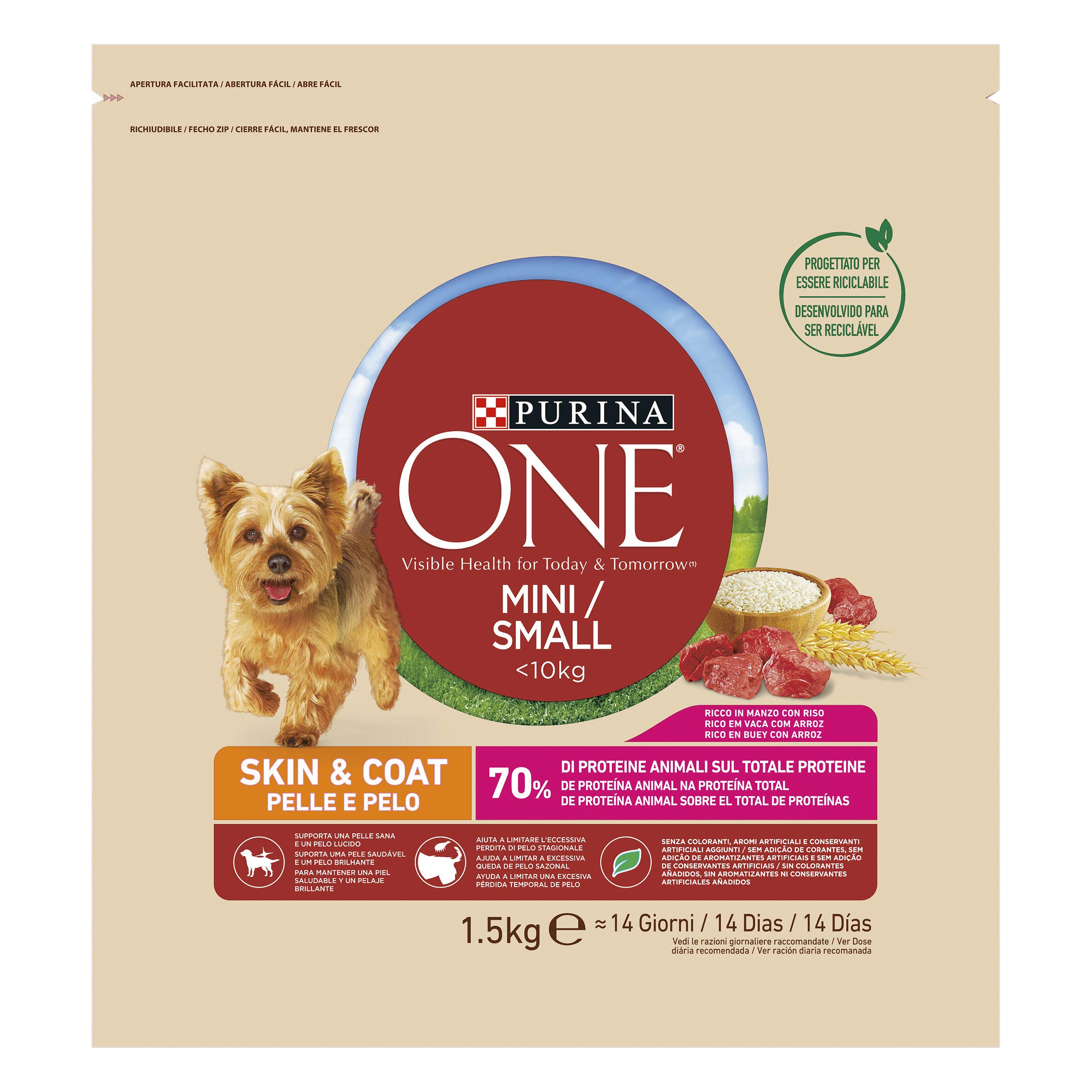 Purina One Mini < 10 kg Cuir et Poils Croquettes pour Petits Chiens Bœuf et Riz, 6 Boîtes de 1,5 kg
