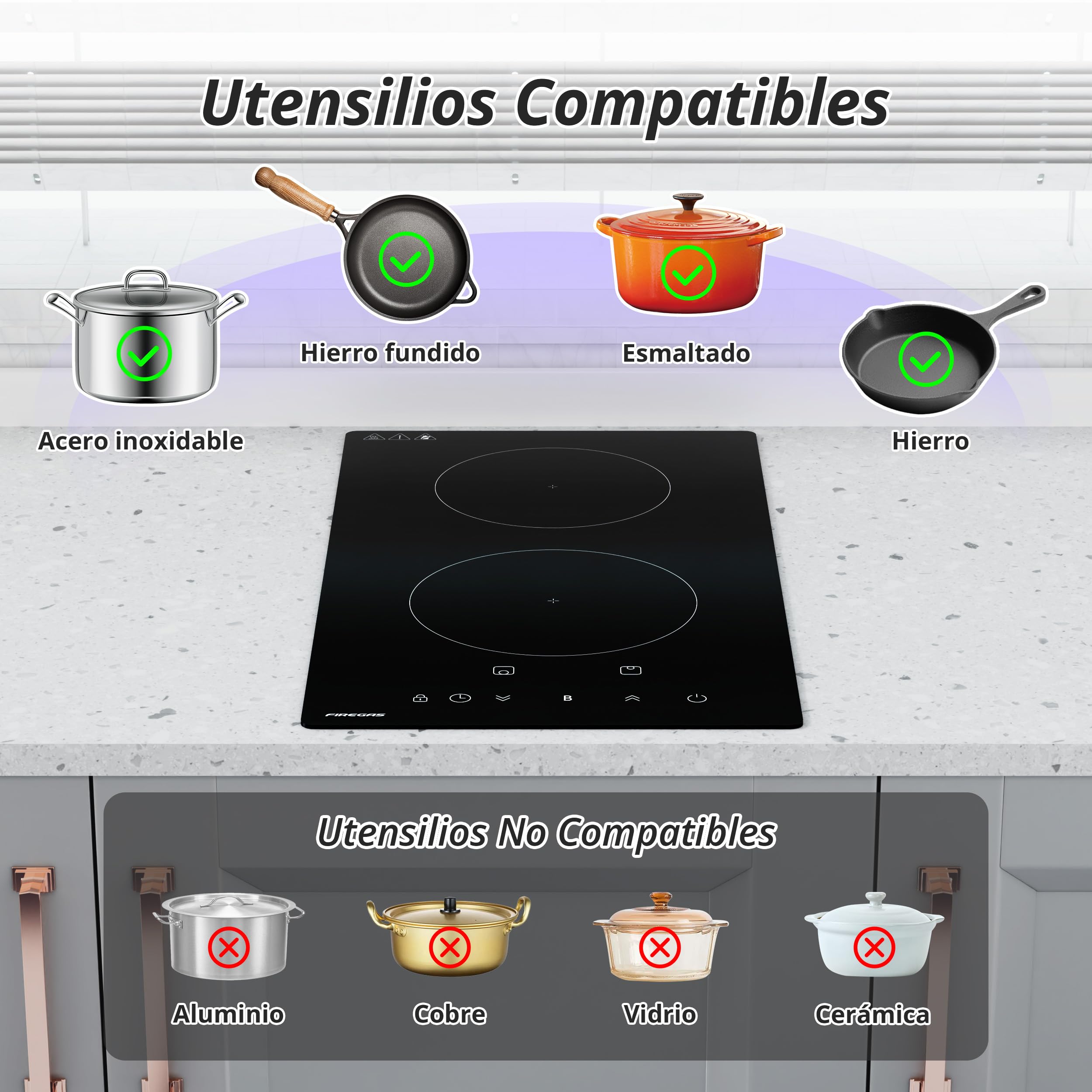 FIREGAS Placa de Inducción 2 Fuegos 3700W, Placa de Cocina de Inducción Encastrable, Control Táctil, Función Boost, Temporizador y Seguridad Infantil
