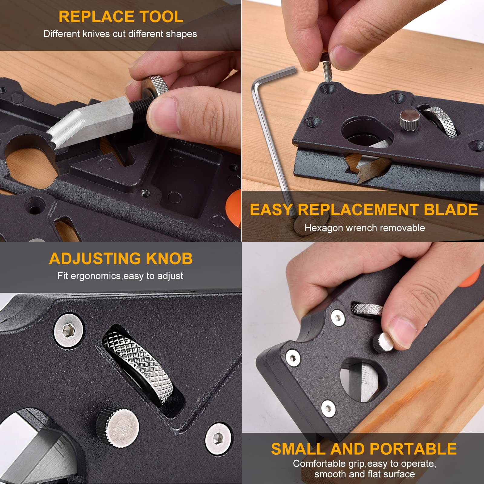 Plano de chaflán-borde de carpintería plano de esquina con localizador auxiliar, plano de mano adecuado para recorte rápido de madera (W/4cuters)