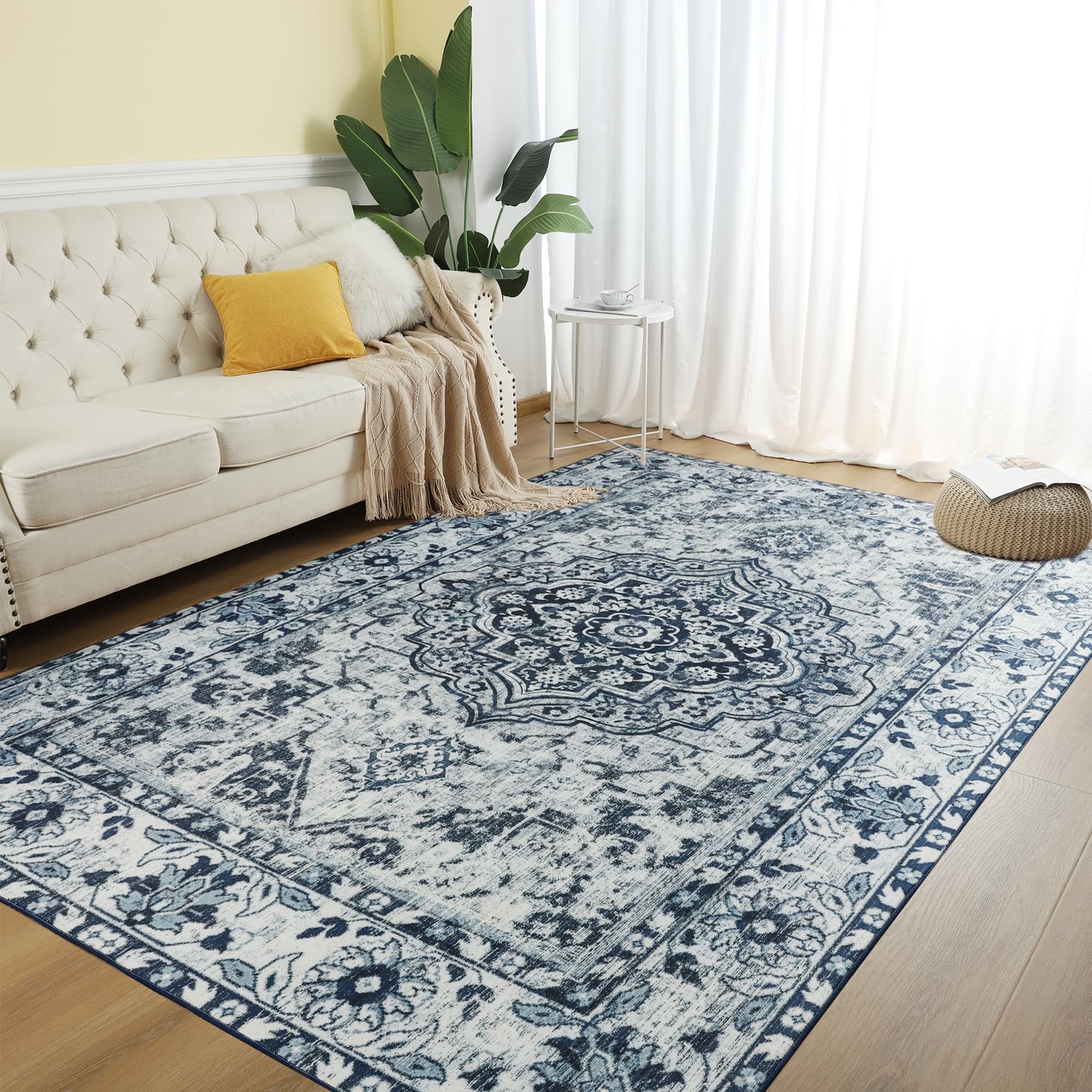 Comeet Area Rug 5x8, Living Room Bedroom Rug, Washable Vintage Area Rug Anti Slip Floor Carpet for Dining Room Home Blue/White