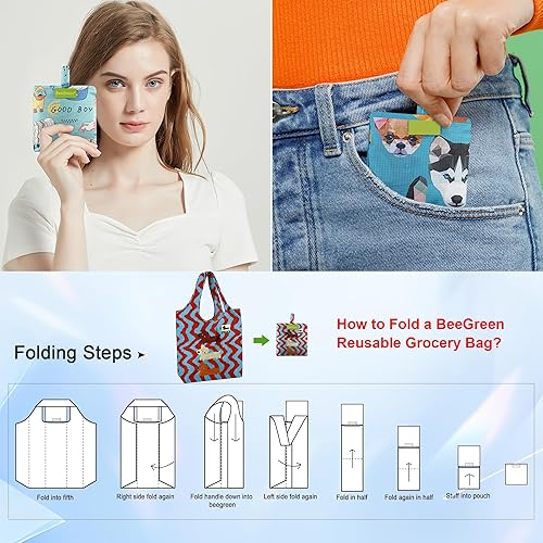 Vista 173 de BeeGreen Bolsa de viaje plegable reutilizable para regalo, bolsas de comestibles reutilizables, grandes regalos de vacaciones, bolsa de tela