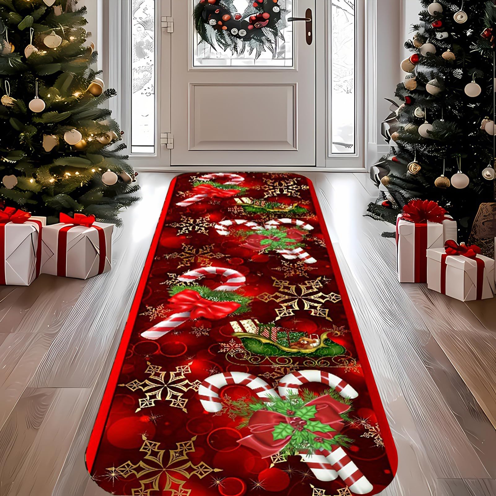 Tappeti Corridoio Natalizi, Tappeti Lavabili per Cucina E Ingresso, A Pelo Basso, Morbidi, Rossi, Antiscivolo, per Decorazione della Casa,40x300cm/16x118 in