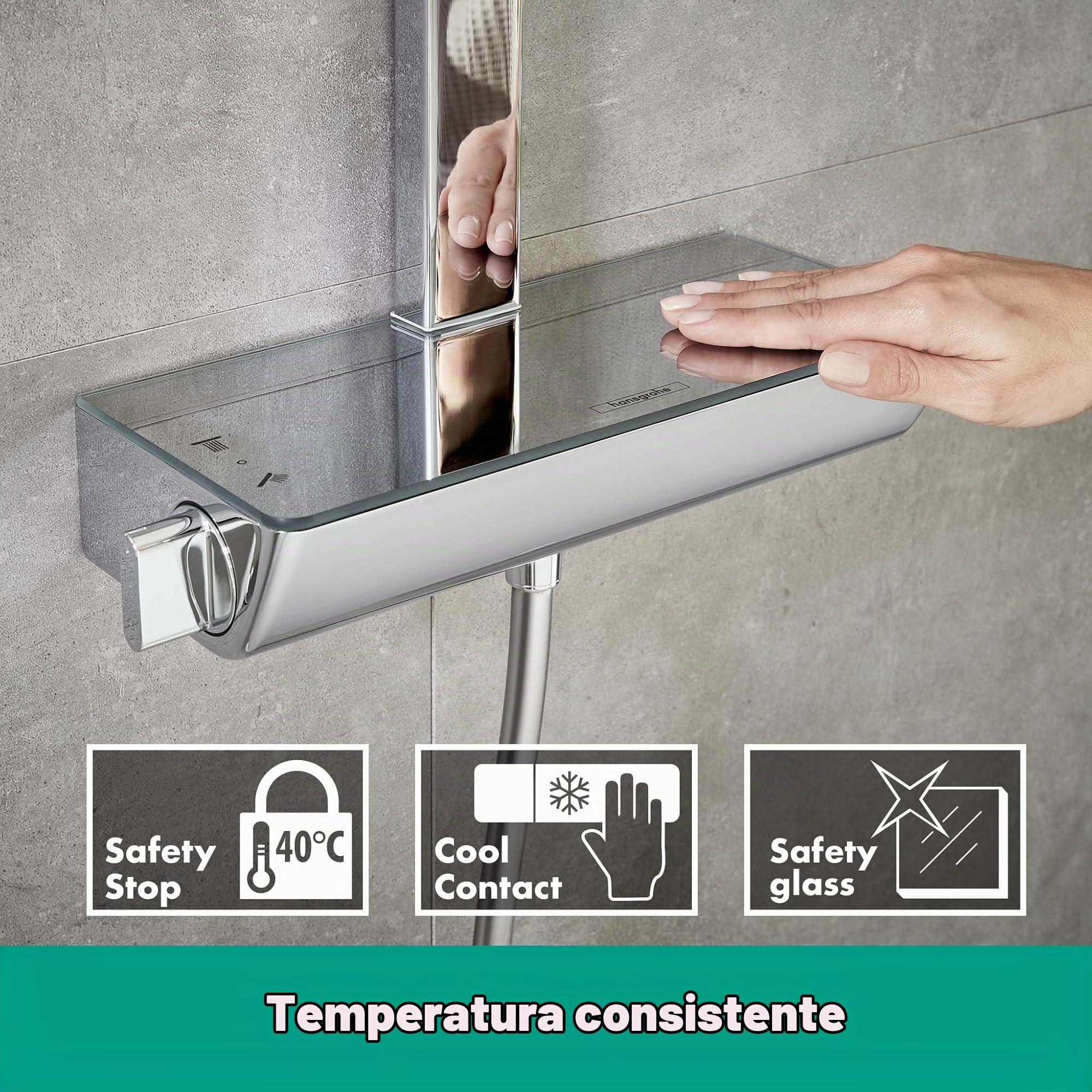 hansgrohe Raindance E - sistema de ducha con termostato, ducha lluvia (360 x 190 mm) con grifo, ducha de mano (2 tipos de chorro), flexo, barra, ducha fija rectangular, cromo, 27112000