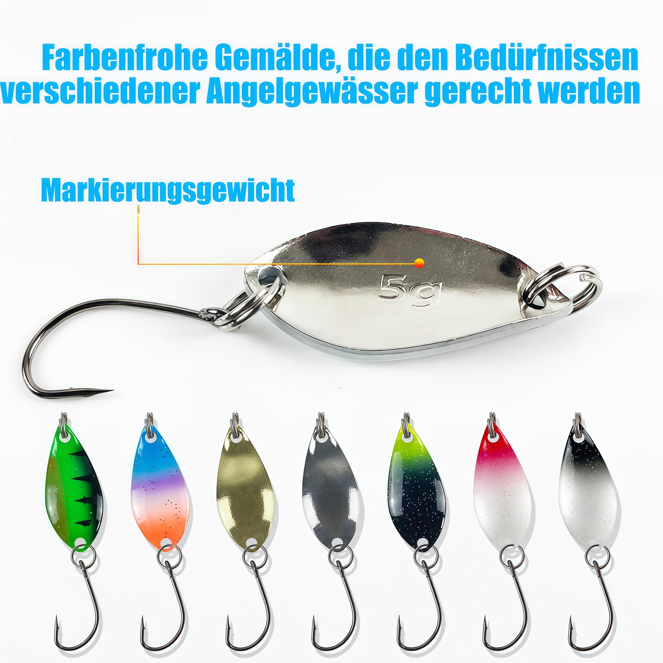 43 Stück Forellenköder, Spoons Forelle Blinker Angeln Set, Spinner Blinker Angeln Forellen Köder Forellen Spoon Set für Barsch, Zander, Hecht, Forelle, 2.3g/2.8g/3.3g/5g angelzubehör - 5