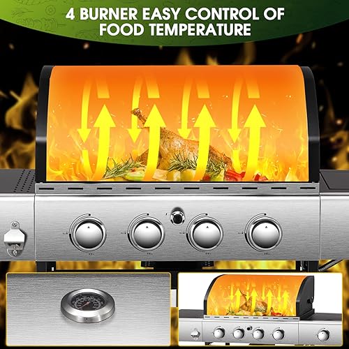 Miniatura 6 de R.W.FLAME Parrilla de gas propano de 34,000 BTU con 3 quemadores, parrilla de barbacoa con quemador lateral y rejillas de hierro fundido, parrilla