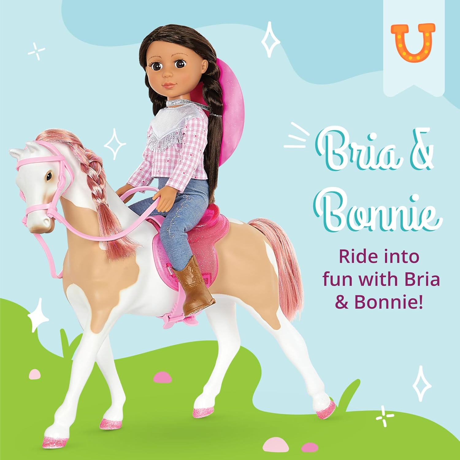 Glitter Girls – 14-Inch Equestrian Doll – Brown Hair & Brown Eyes – Riding Outfit with Cowgirl Hat – Horse with Tan Coat and Pink Saddle – 3+ Years – Bria & Bonnie