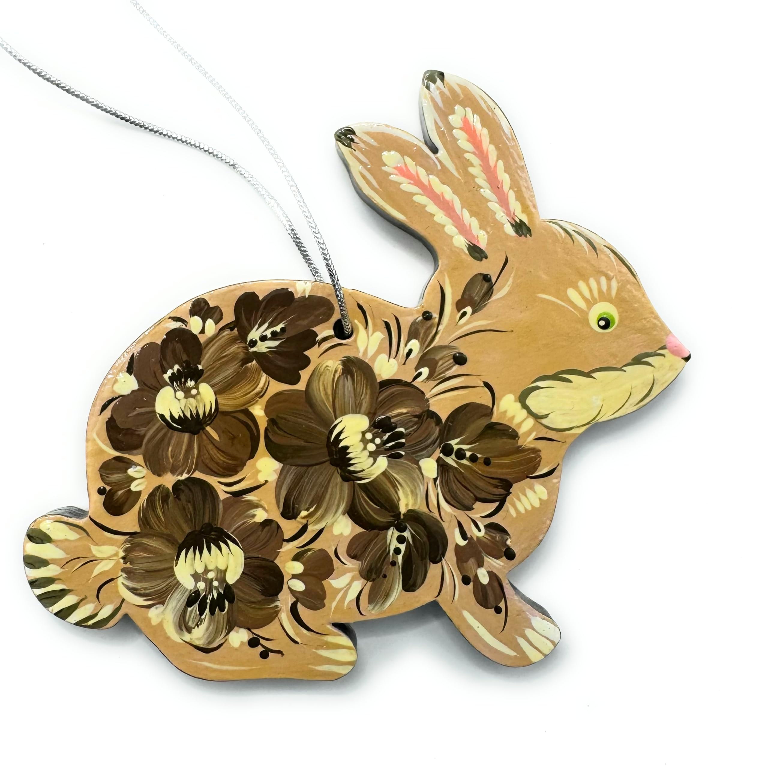 Wooden Rabbit Christmas Ornament Hanging Flat Animal 8.5 x 8.5 x 0.5 cm Flat Hand-painted Hare Decoration with Floral Pattern Handmade in Ukraine — image 1
