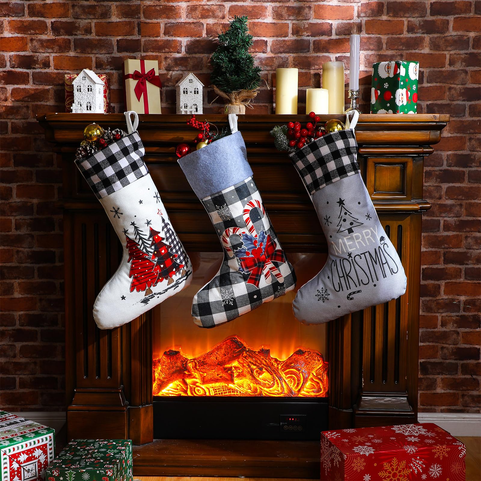 Realspring Weihnachtsstrümpfe, 45,7 cm, Jute, rot, grau, kariert, bestickt, zum Aufhängen, Bauernhaus, Weihnachtsstrumpf, Kamin, hängende große Strümpfe für Urlaub, Kamin, Dekoration, Geschenke, 6