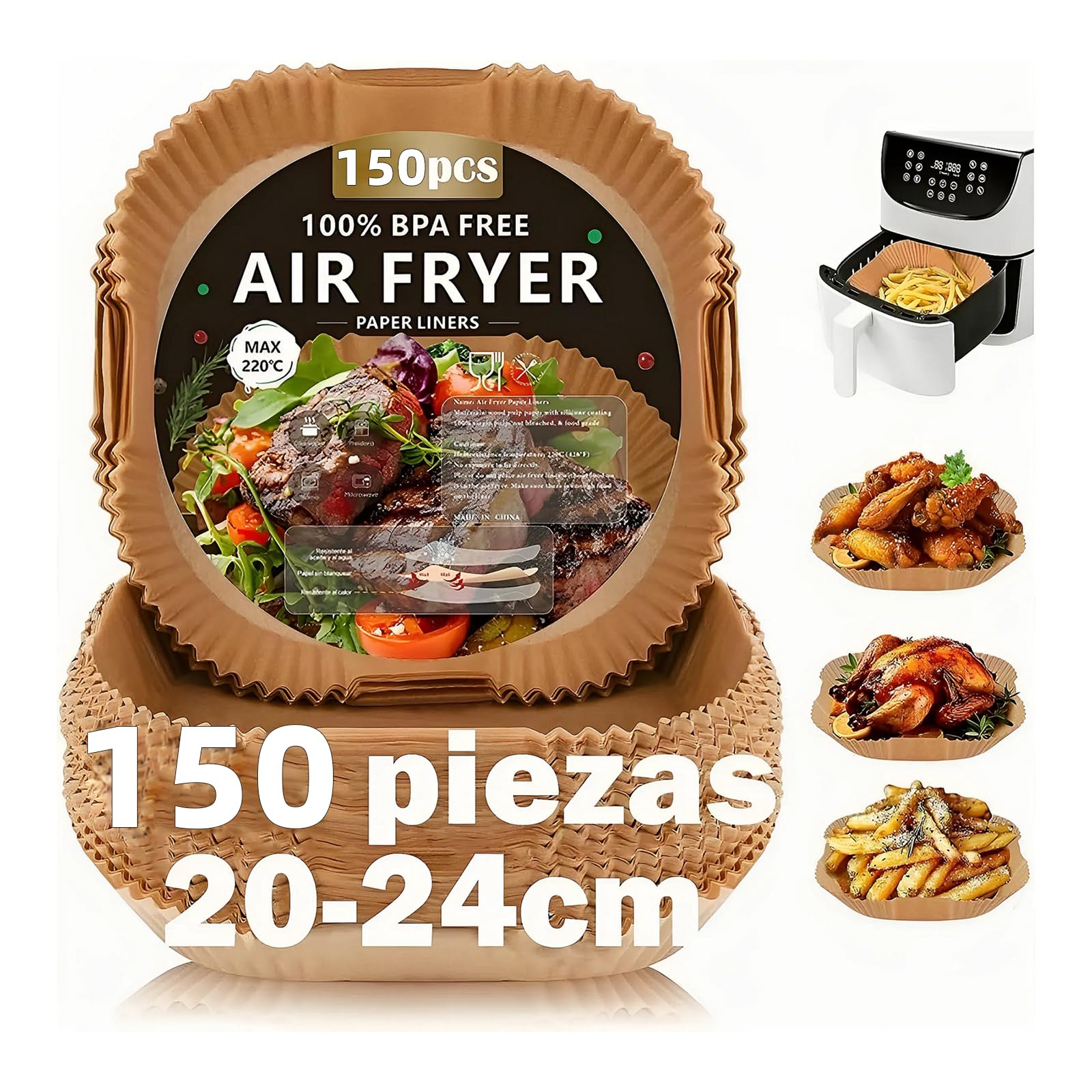 Papel Freidora Aire, 150 Piezas Papel Air Fryer Cuadrado BPA Free 20-24CM, Material Seguro y Sostenible, papel para freidora de aire perfecto para COSORI Cecotec 5-8L