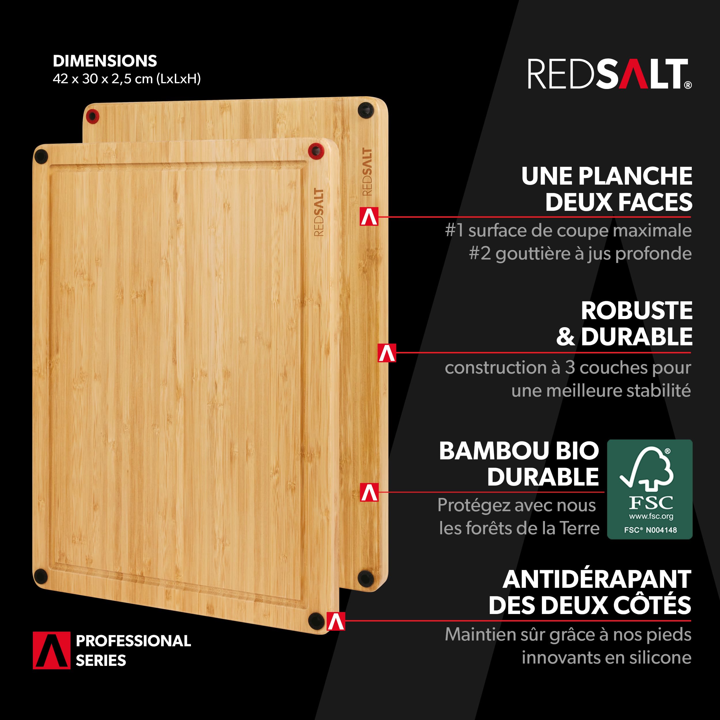 REDSALT® Grande planche à découper en bambou| L 42x30x2,5cm|Utilisable des deux côtés|Antidérapante|Rainure profonde|Planche en bois de qualité supérieure pour la cuisine et le barbecue|Cadeau durable