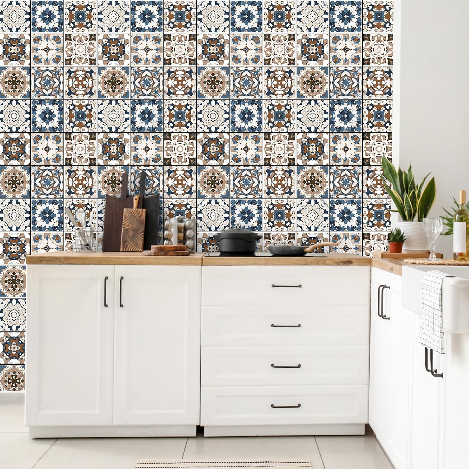 Moroccan Faux Tile Wallpaper Blue Brown Bohemian Mexican Wallpaper Peel and Stick Vintage Mediterranian Contact Paper for Cabinets Drawers Sticky Antique Vinyl Wall Covering Roll 12"x393"