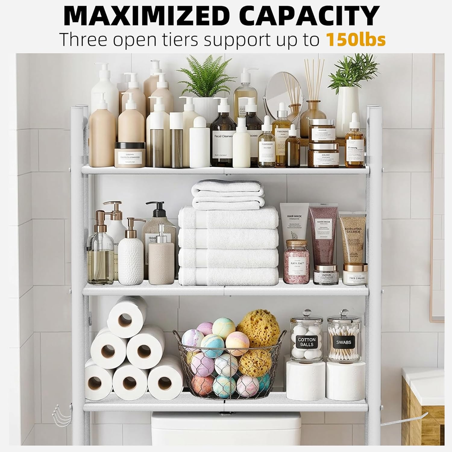 GloTika 3-Tier Over Toilet Storage with Anti-Tilt Safety System - 150lb Total Capacity Metal Bathroom Shelves Including Paper Holder & 4 Hooks, Space Saving Above Commode Organizer (64" H, White)