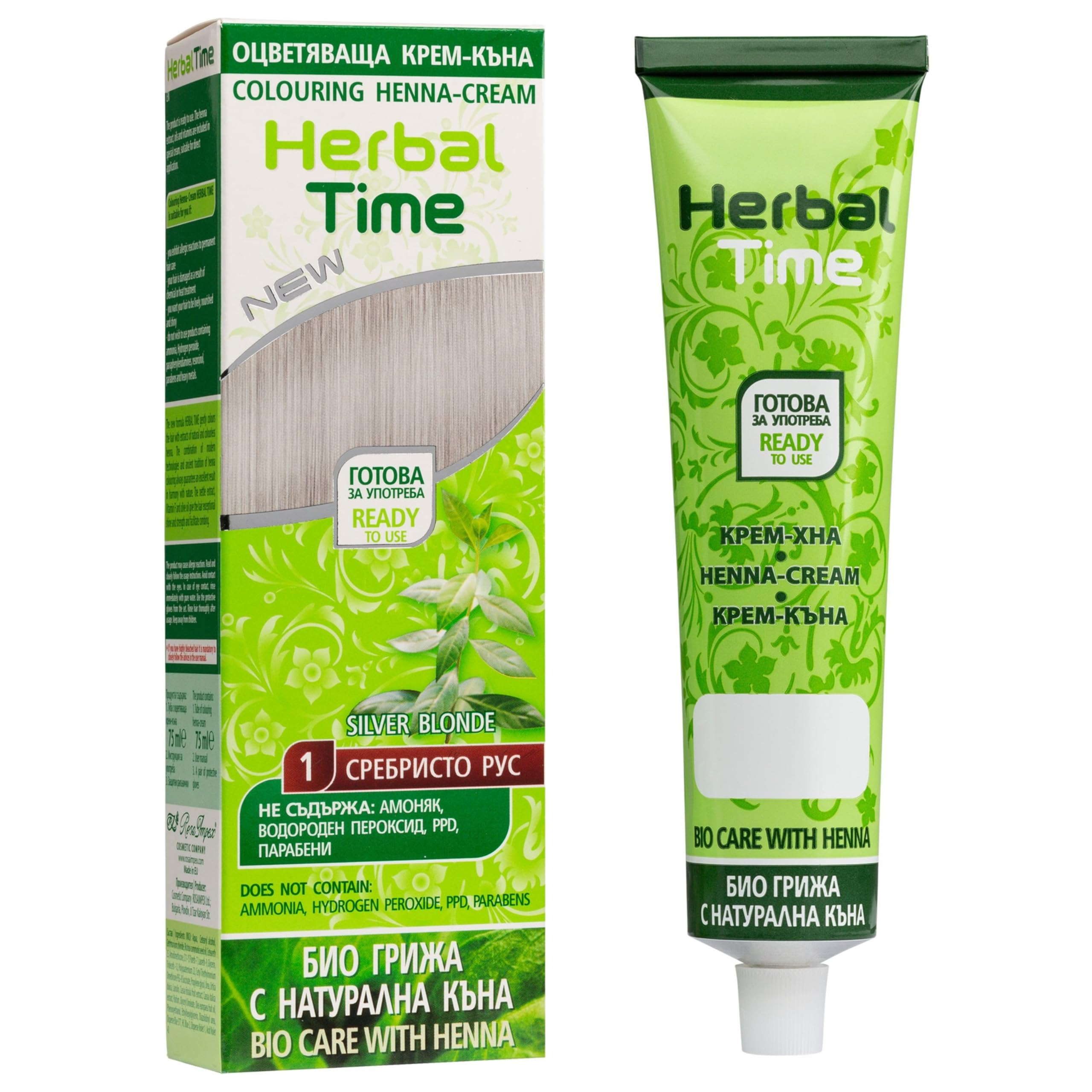 Herbal Time Henna Natural Colorante en Crema Color Rubio Plata Nº 1 | Henna Pelo | Cubre Canas | Crema Tinte Coloración Temporal | Sin Amónico, Sin Sulfatos y Sin Parabenos | Henna Pelo Rubio | 75 ml