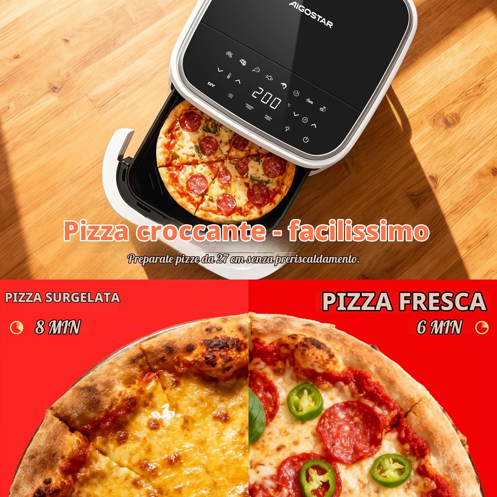 AIGOSTAR Friggitrice ad Aria 2200W: Extra-Crispy Silenzioso per Pizze 27cm