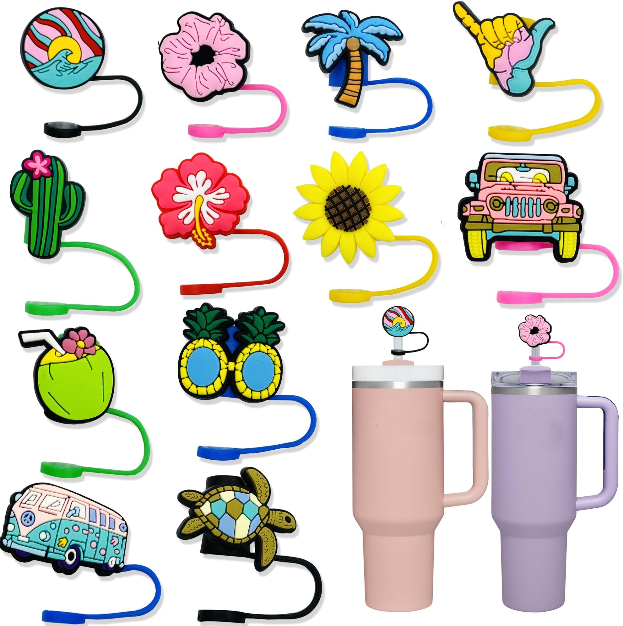 12PCS Straw Cover Cap, Cute Summer Straw Cover for Stanley 30&40 Oz Tumbler, Straw Topper for Stanley Cup in different Shapes,Straw Protectors Drinking Straw Caps for 10 mm Straws