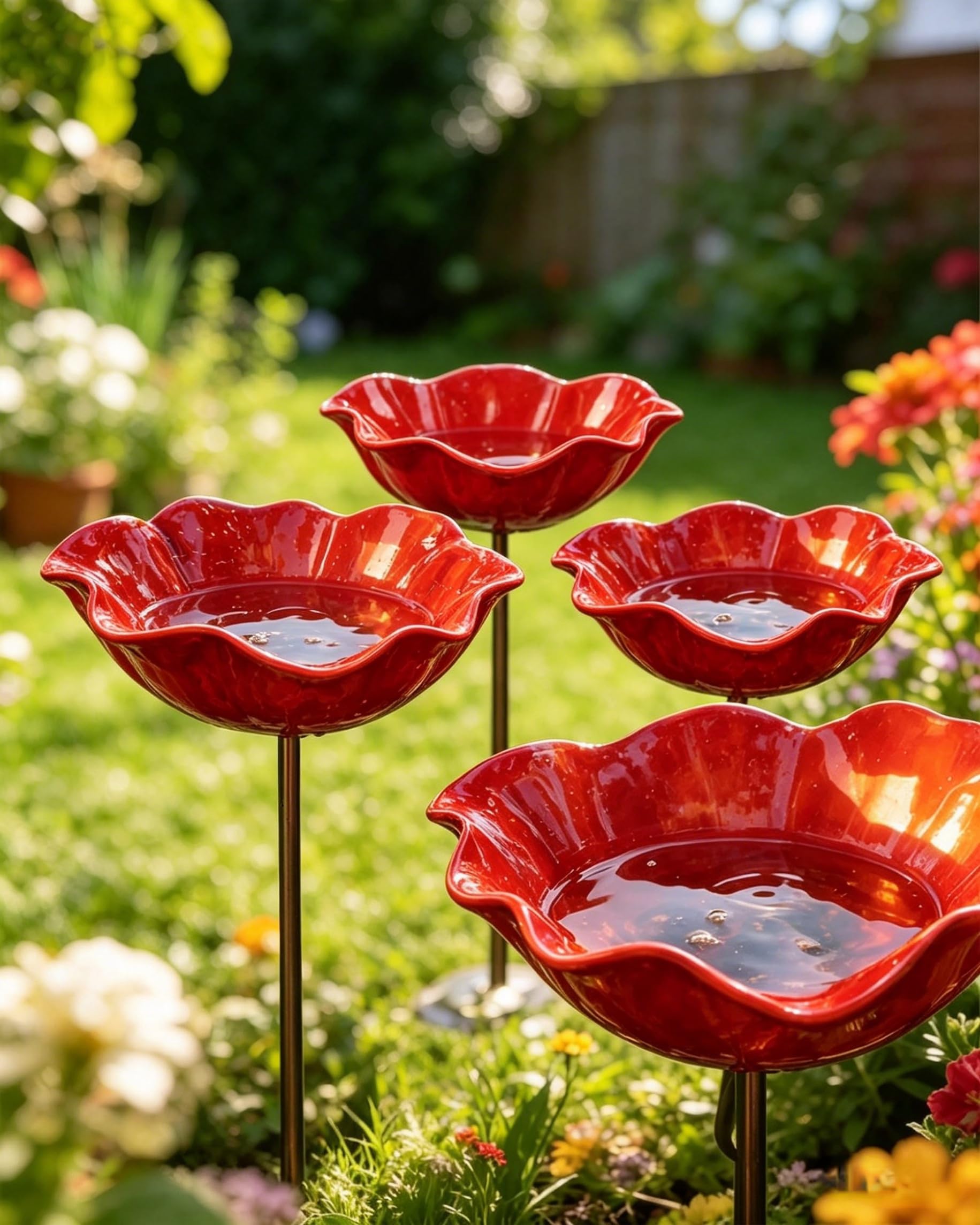 Handmade Metal Flower Garden Stake, Outdoor Bird Baths Bee Watering Station for Lawn, Colorful Bee Butterfly Feeders for Yard Decor, Metal Decorative Garden Stakes-4PCS