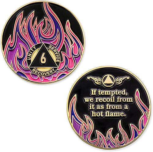 Miniatura 8 de 9 años Sobriety Mint Twisted Flames Medallón de Recuperación AA chapado en oro - NegroRosaPúrpuraAzul