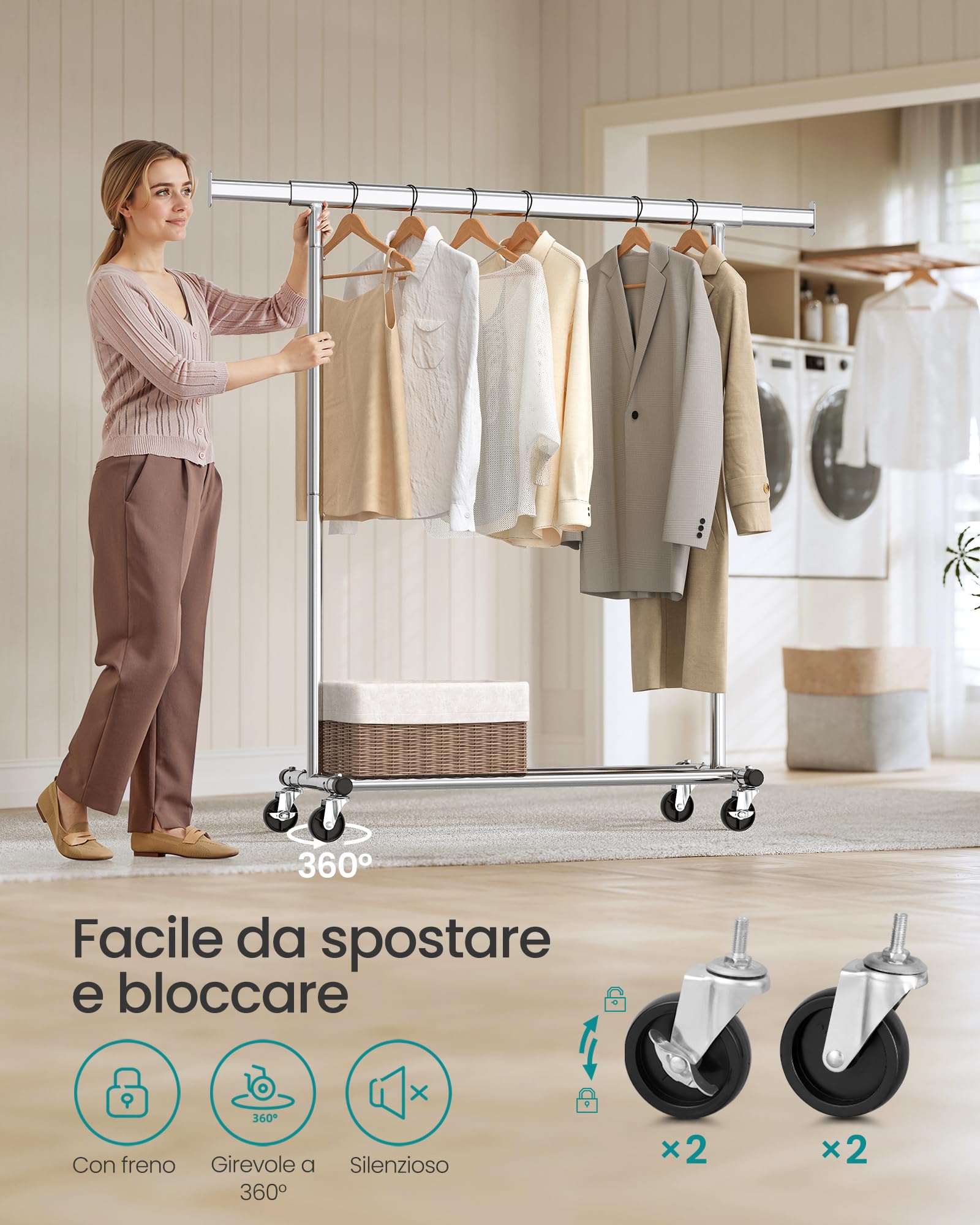 SONGMICS Stand Appendiabiti con Rotelle, Set di 20 Grucce in Legno | Asta Estensibile, Gancio Girevole a 360°, Colore Argento e Naturale
