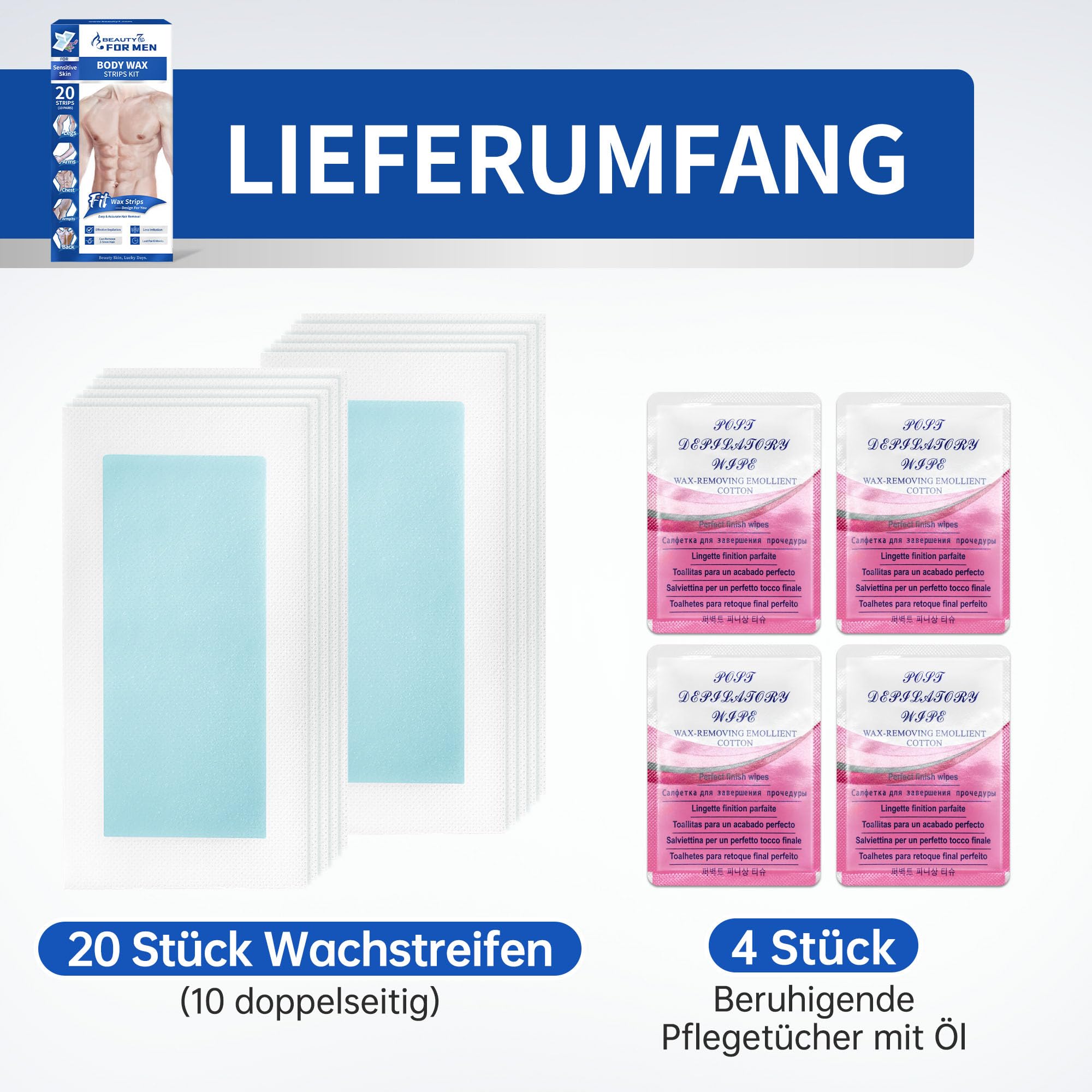Beauty7 Kaltwachsstreifen für Männer – Für empfindliche Haut | 20 Streifen + 4 Pflegeöltücher – Sanfte & effektive Haarentfernung an Brust, Rücken, Achseln und Beinen