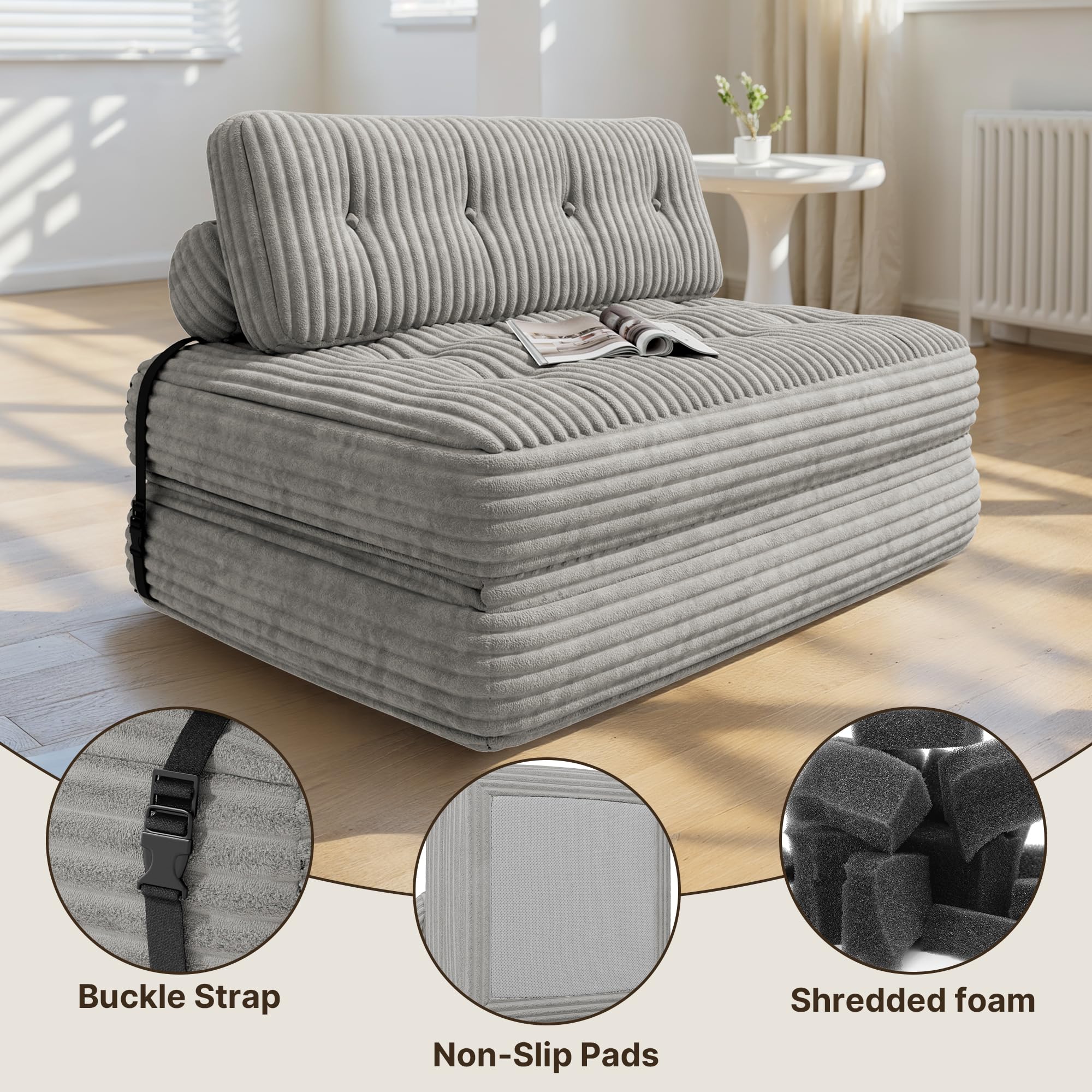 Xbro Canapé-lit Convertible 2 Places 180 x 130 x 20cm, Canapé de Sol Convertible, Matelas Pliant Sofa en Mousse à Mémoire de Forme, Pliable Chambre Salon, Gris Clair