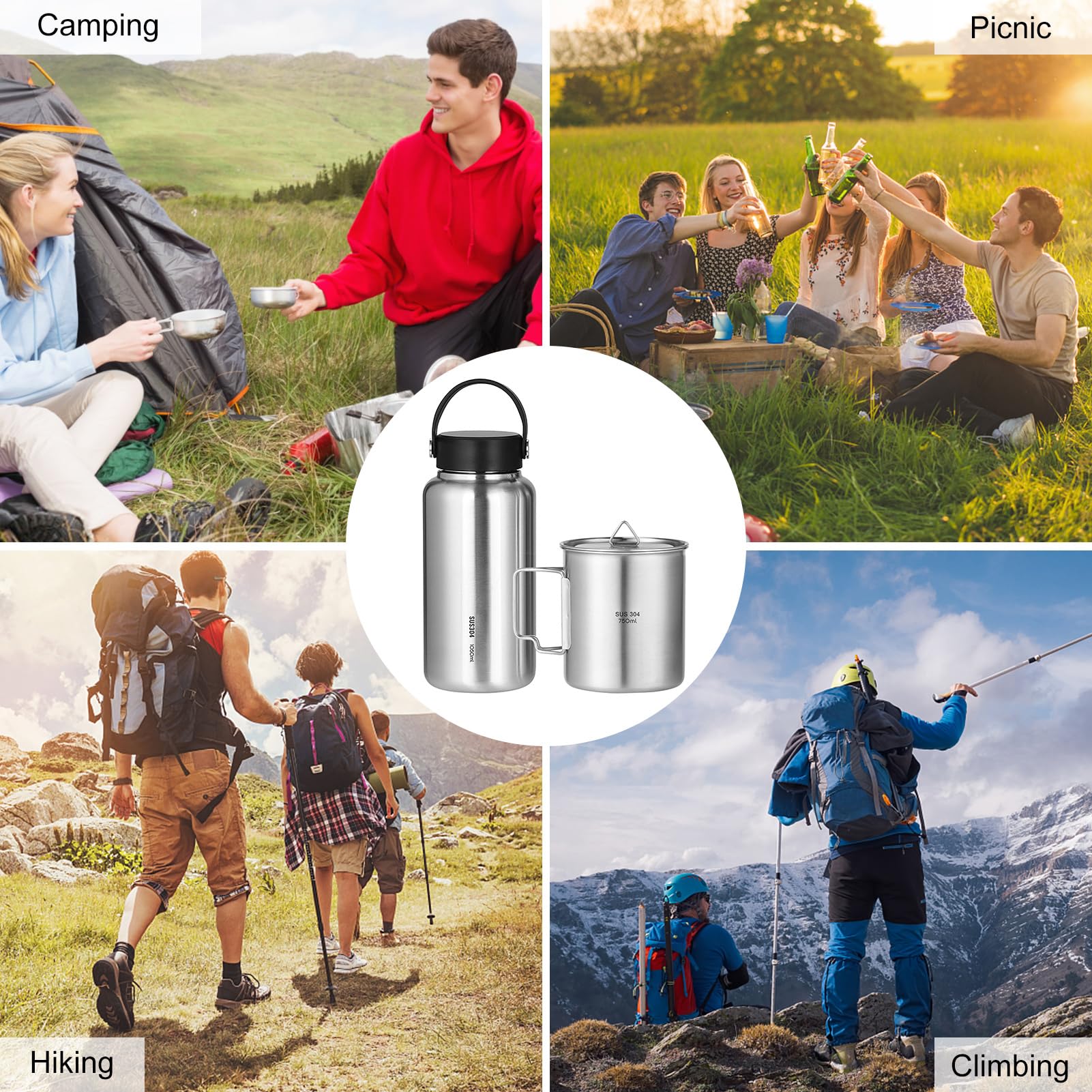 HUIOP 1050 ml Edelstahl-Wasserflasche, auslaufsicher, Sportflasche mit 750 ml Wasserbecher für Outdoor, Camping, Wandern, Sportflasche