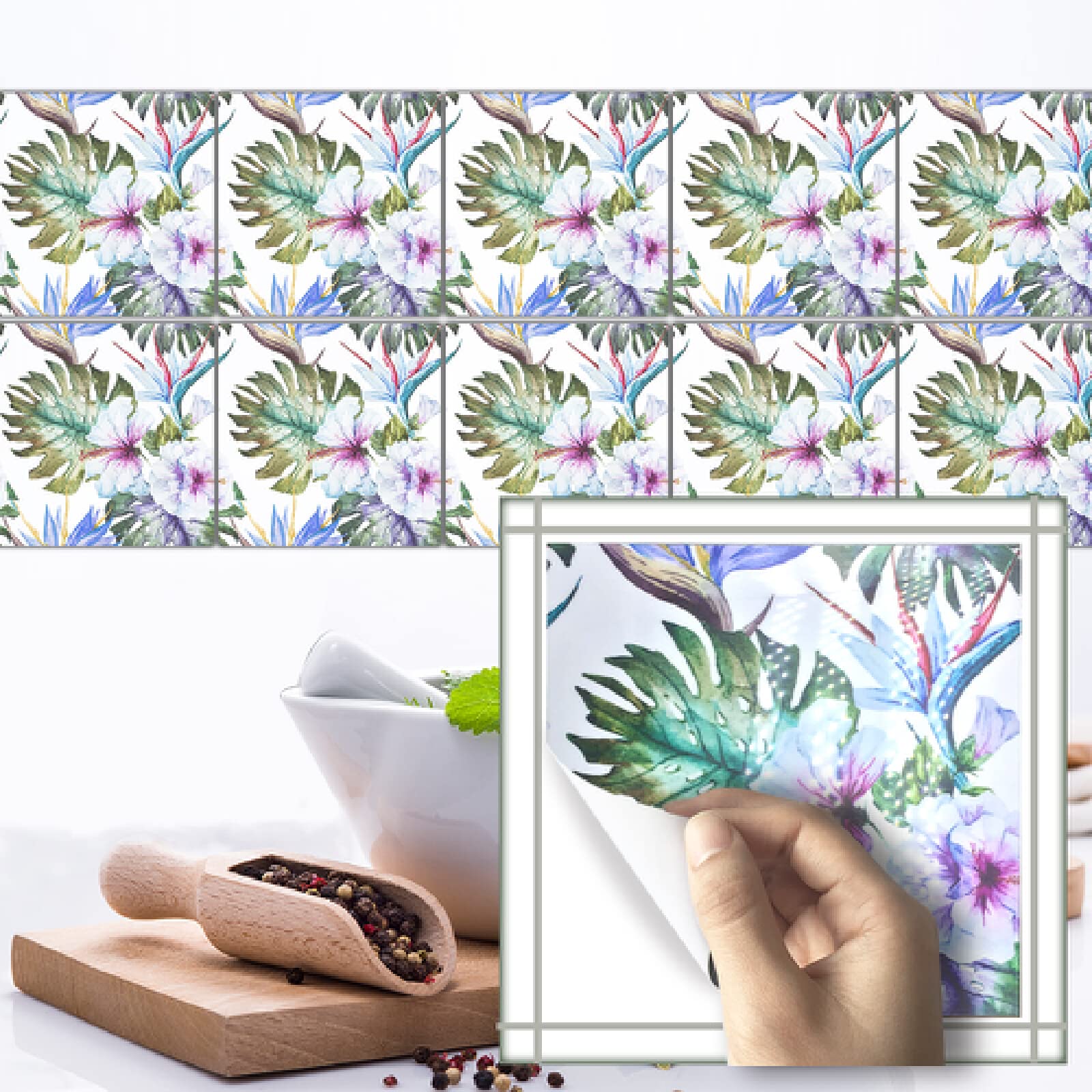 Tile Stickers Tropical Green Leaves Peel and Stick Wallpaper Waterproof Vinyl Self Adhesive Wall Tiles Oil-Proof Kitchen Bathroom on 10 Pcs/20x20cm