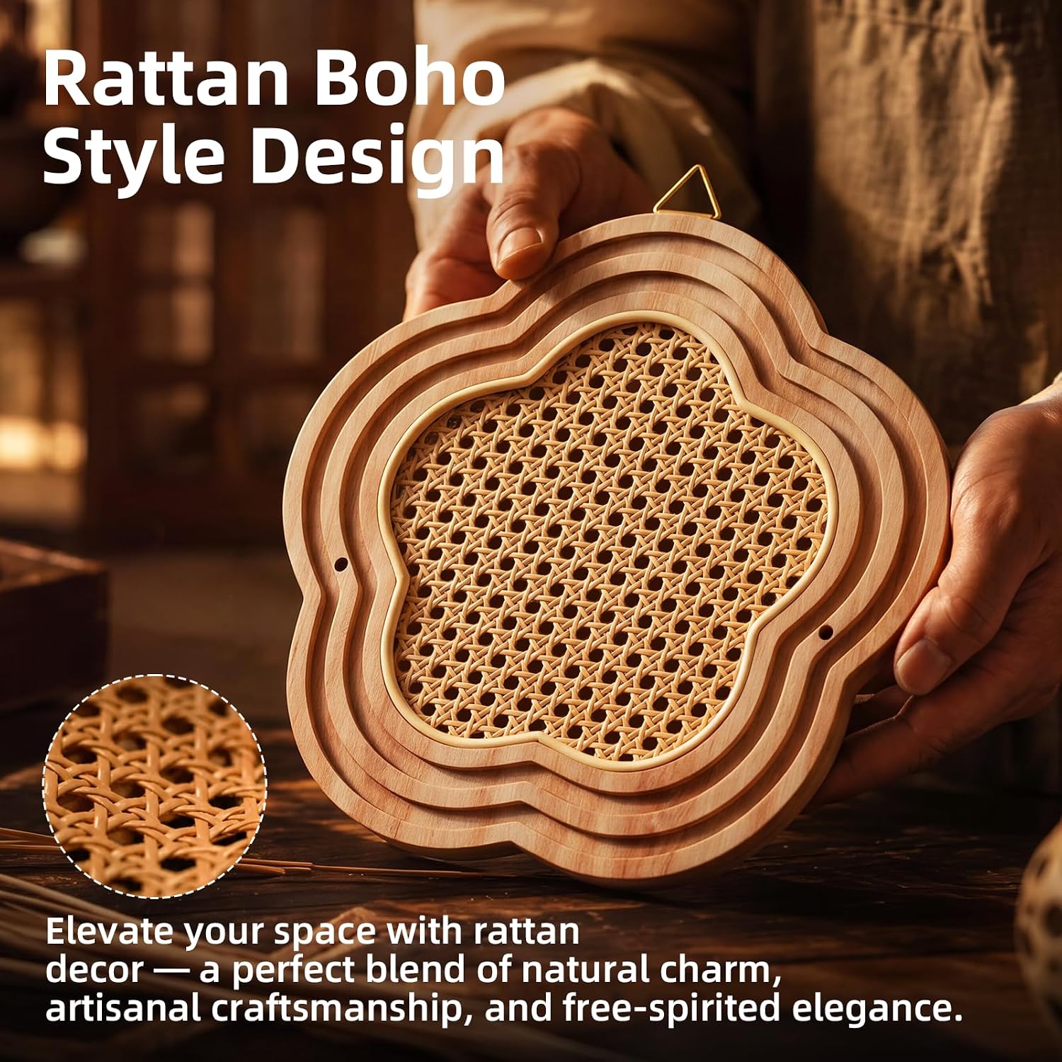 Boho Wall Decor Flower-Shaped Rattan Wall Plant Holder Wood Floating Shelf for Plants, Wall Mounted Shelf Storage Organizer for Home Bedroom Office Plants Photos Small Items Rustic Home Decor 2-Pack