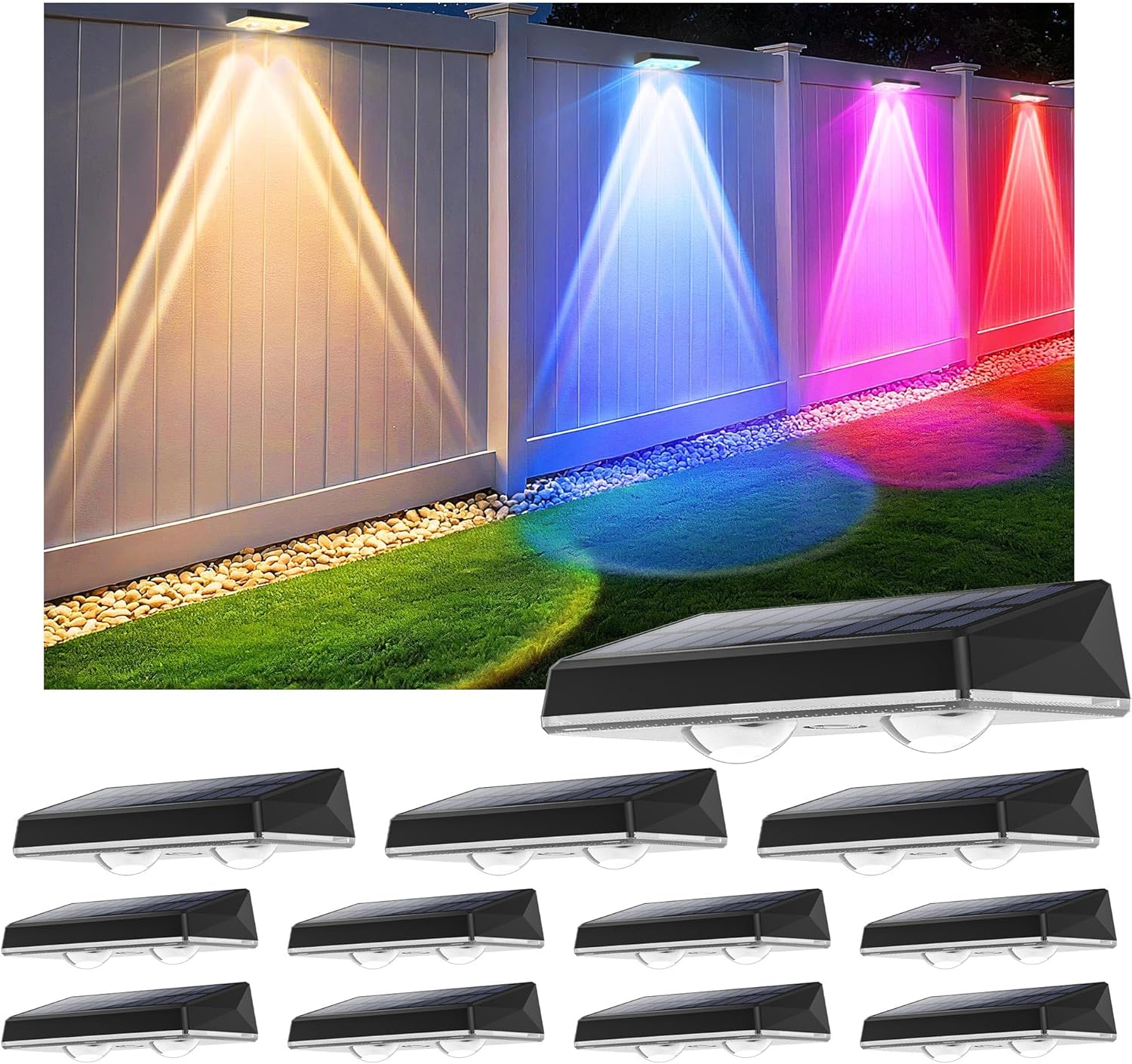 Solar Fence Lights Outdoor - 12 Pack RGB Fence Lights Solar Powered, 7 Color Modes & Warm White, IP67 Waterproof Dusk to Dawn Solar Powered Lights 12+ Hours for Fence/Backyard/Wall/Step/Patio/Deck
