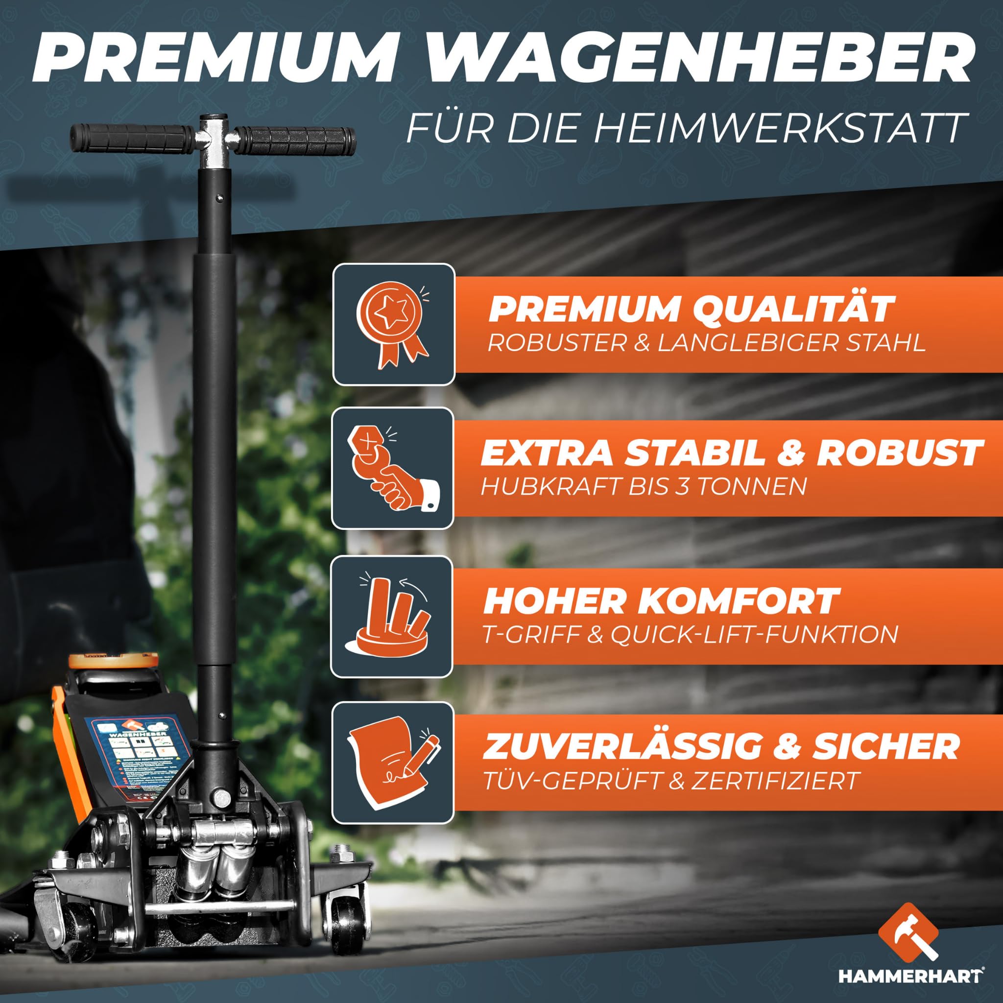 HAMMERHART - Hydraulischer Wagenheber 3T | [Testsieger] Rangierwagenheber mit 75-460mm Hubhöhe | Premium Wagenheber flach mit 360° Rollen & Doppelkolben | Jack mit Gummiauflage & T-Griff
