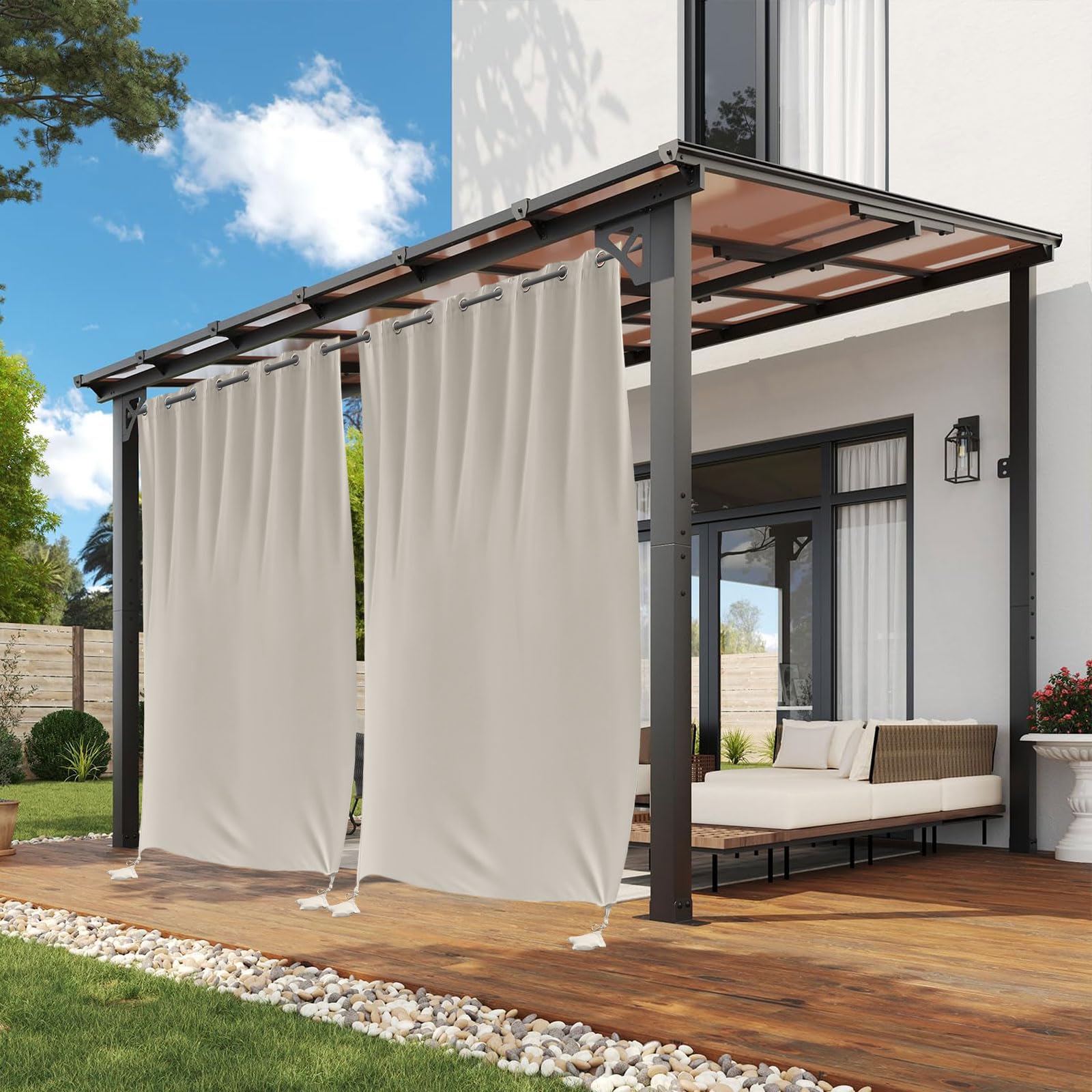 Outdoorvorhänge mit Ösen und Gewichteten H 243 x B 132 cm, 2 Stück Outdoor Gardinen Wasserdicht Pavillon und Terrasse, Außenvorhänge für Außenterrasse Veranda Pool Sonnenlicht, Beige