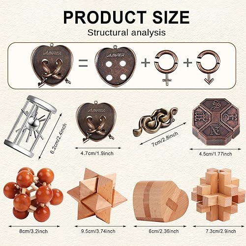 Miniatura 11 de Juego de rompecabezas de metal y madera de 16 piezas, rompecabezas de lógica y anillo desafiantes para adultos, regalo entretenido y reflexivo para