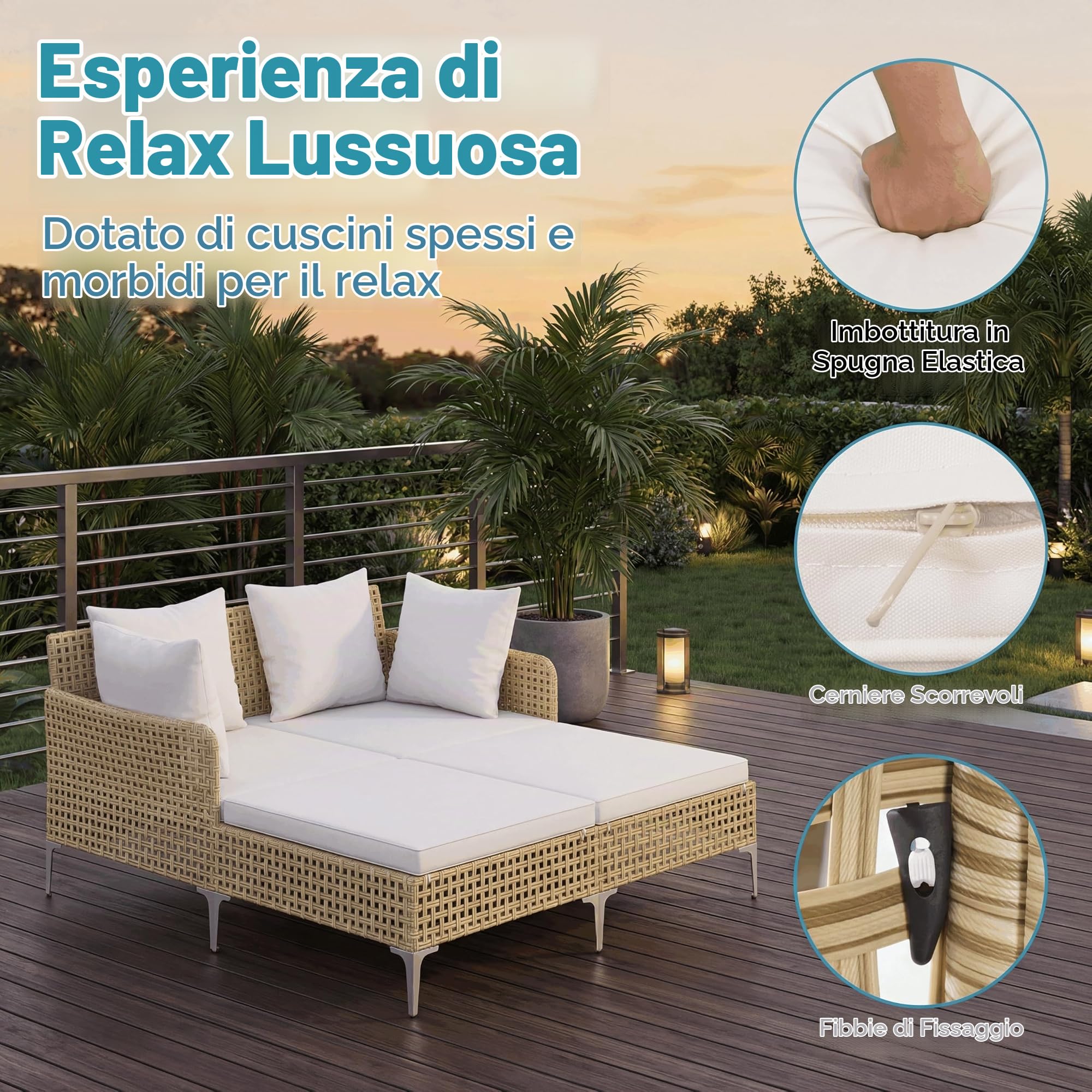 LIFEZEAL Lettino 2 Posti Prendisole in Rattan, Portata 360 kg | Lettino da Giardino con Cuscini, Struttura in Metallo, Piedini Regolabili, Divano da Esterno per Terrazza, Balcone, Piscina