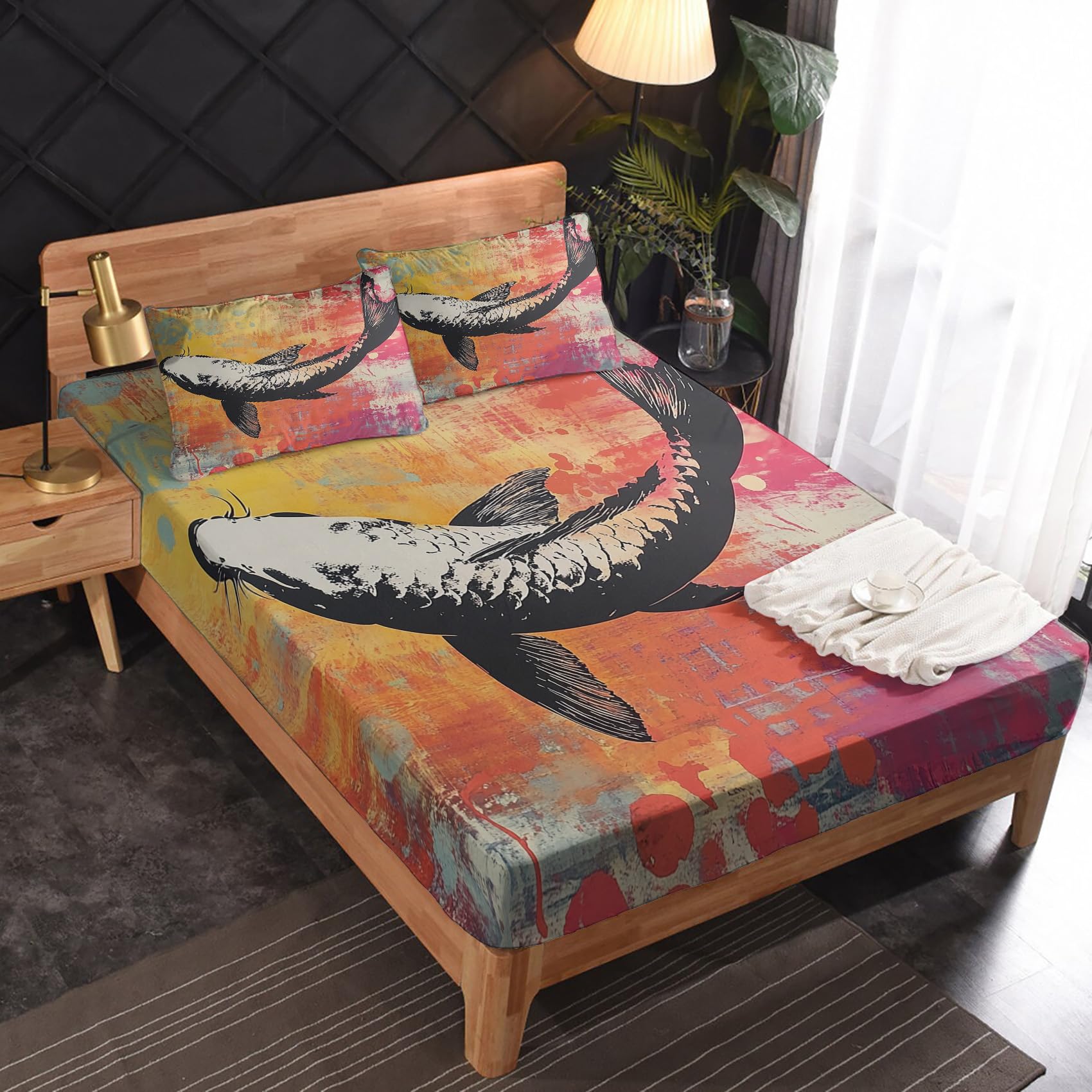 Zvynqour California King Sheet Sets - Koi Fish Bed Sheets - Colorful Art Deep Pocket Fitted Sheets & Flat Sheets & Pillowcases 4 Piece Set - Koi Bedding & Decor - Soft Cosy Microfibe