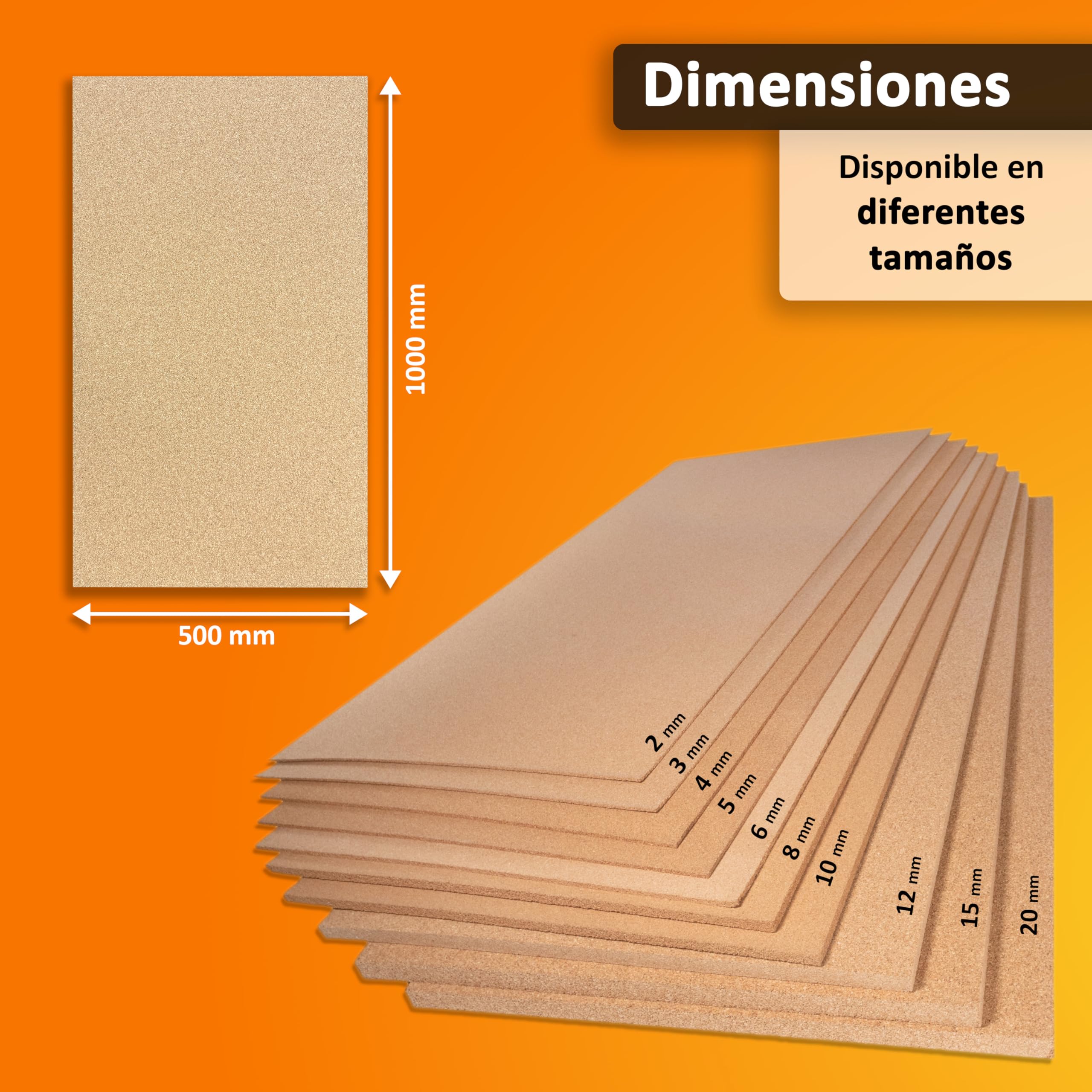 Tablero de corcho TRECOR formato: 1000 x 500 mm - espesor: 2-20 mm - tablero de corcho de - muy elástico y antiestático (20 mm de espesor, 2 piezas)