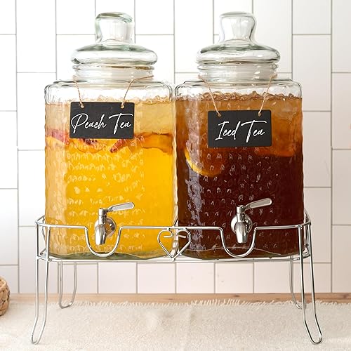 Ilyapa Dispensador de bebidas de doble vidrio con soporte, dispensadores grandes de bebidas de 2 galones para agua helada, limonada, jugo, sangría,