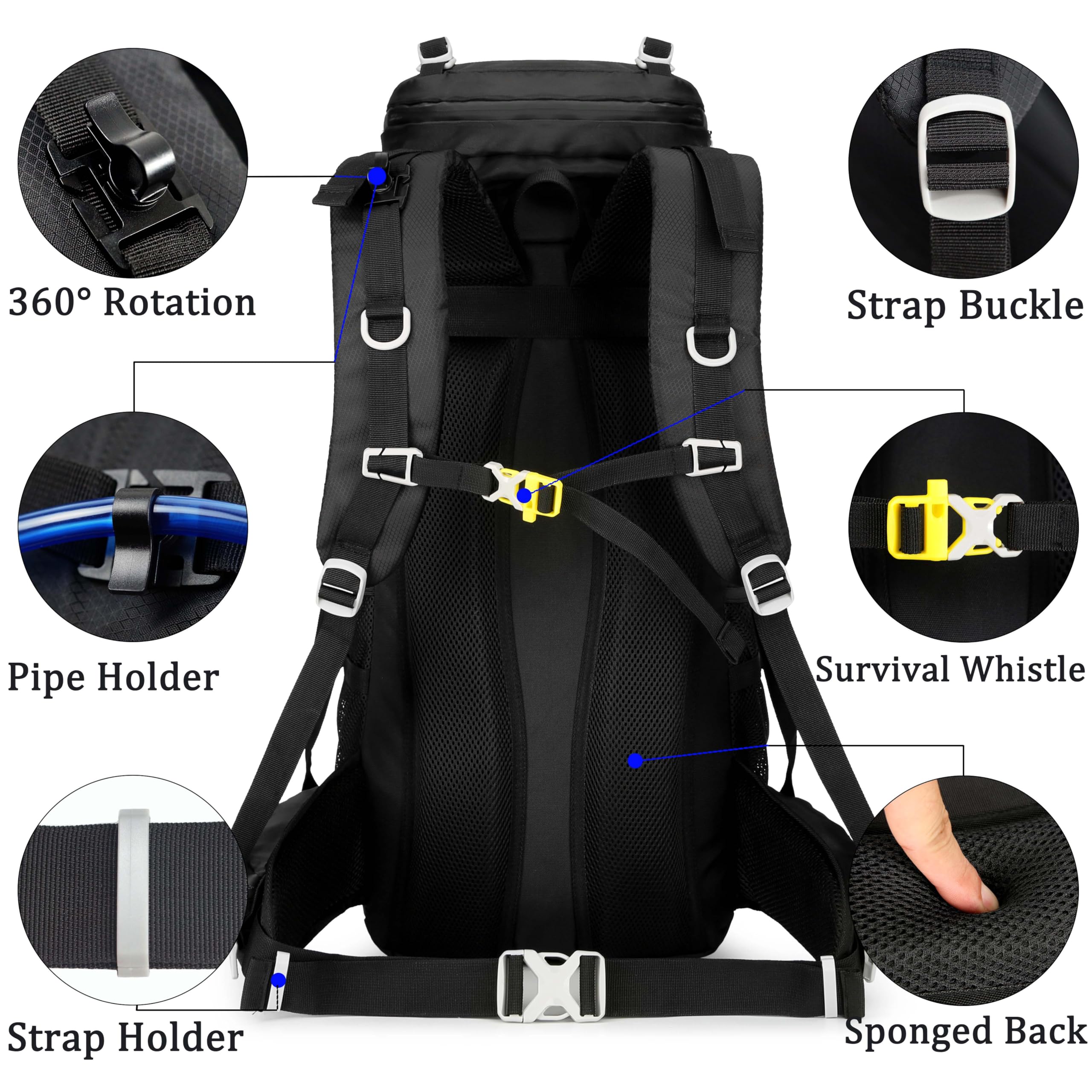 60L Reise-Wander-Camping-Rucksack mit Regenschutz, Rucksack wasserabweisend, Kletterrucksack for Männer Frauen(Black)