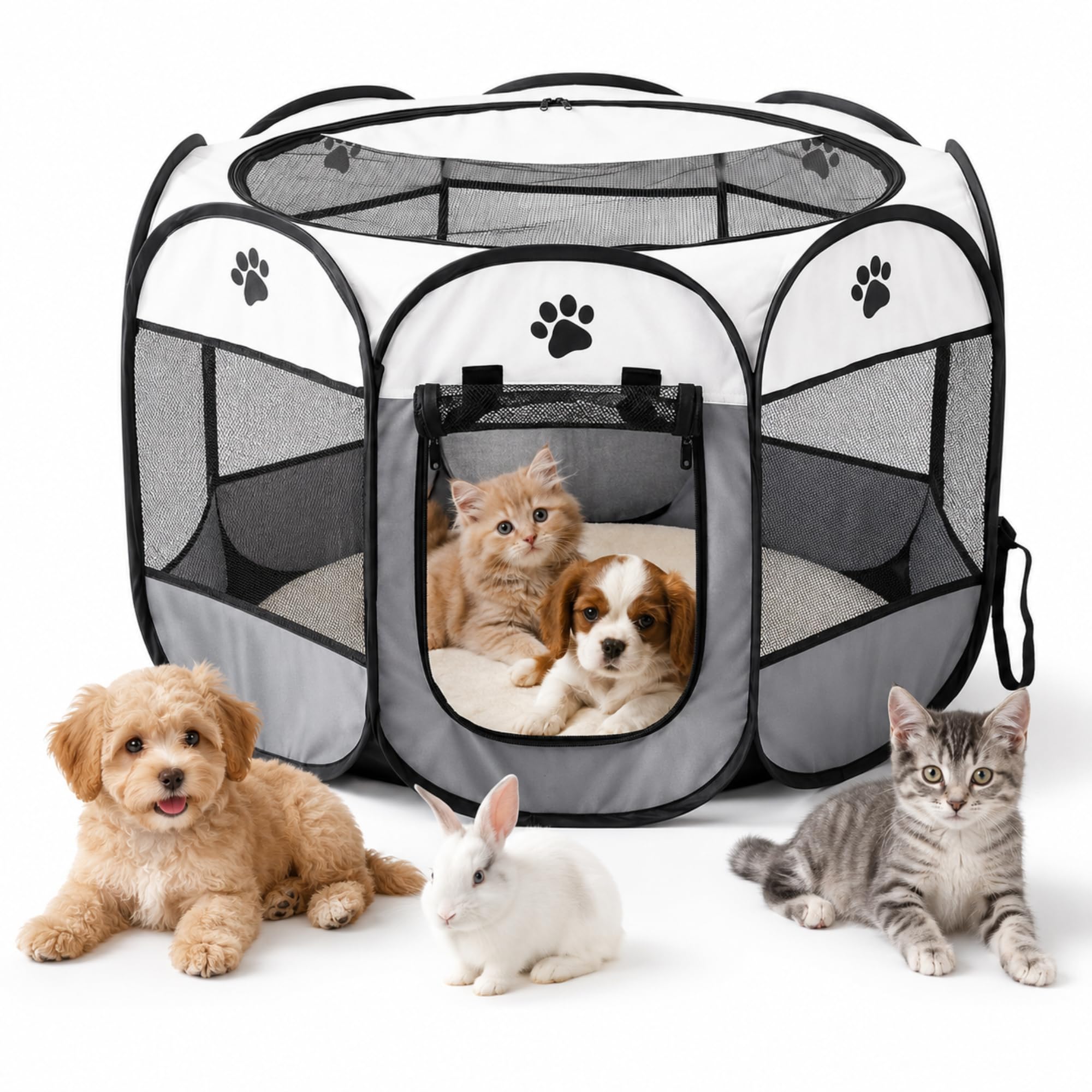 Caño plegable para cachorros, 74 x 74 x 43 cm, parque para cachorros y gatos para el hogar, parque plegable para perros, gatos, conejos, interior y exterior, recinto para animales pequeños (gris)
