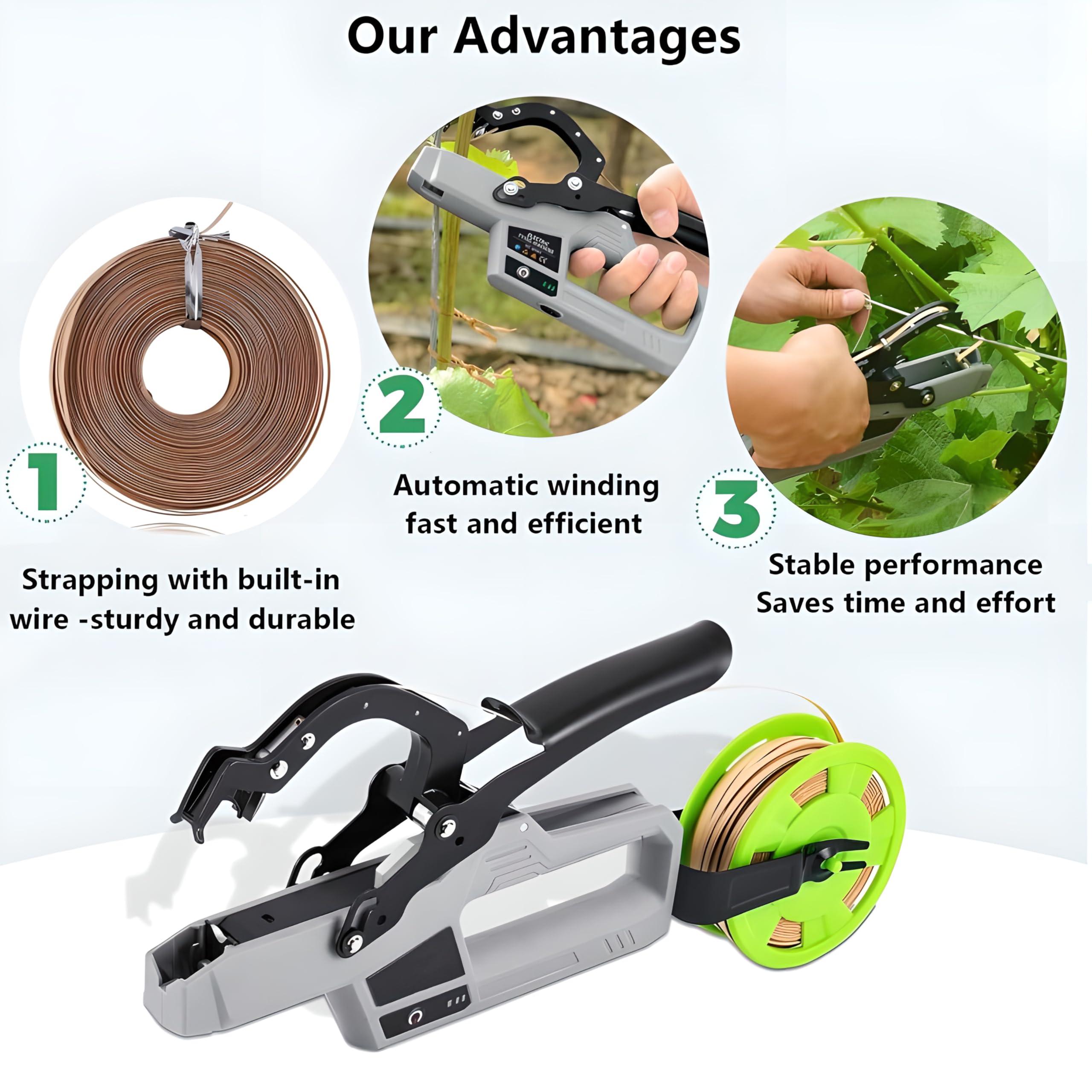 Máquina atadora Plantas eléctrica, máquina atadora Plantas con batería 2000 Mah y 2 * Cintas flejado, diámetro máximo Atado 45 mm, para Atar Tomates, Verduras y Uvas jardín