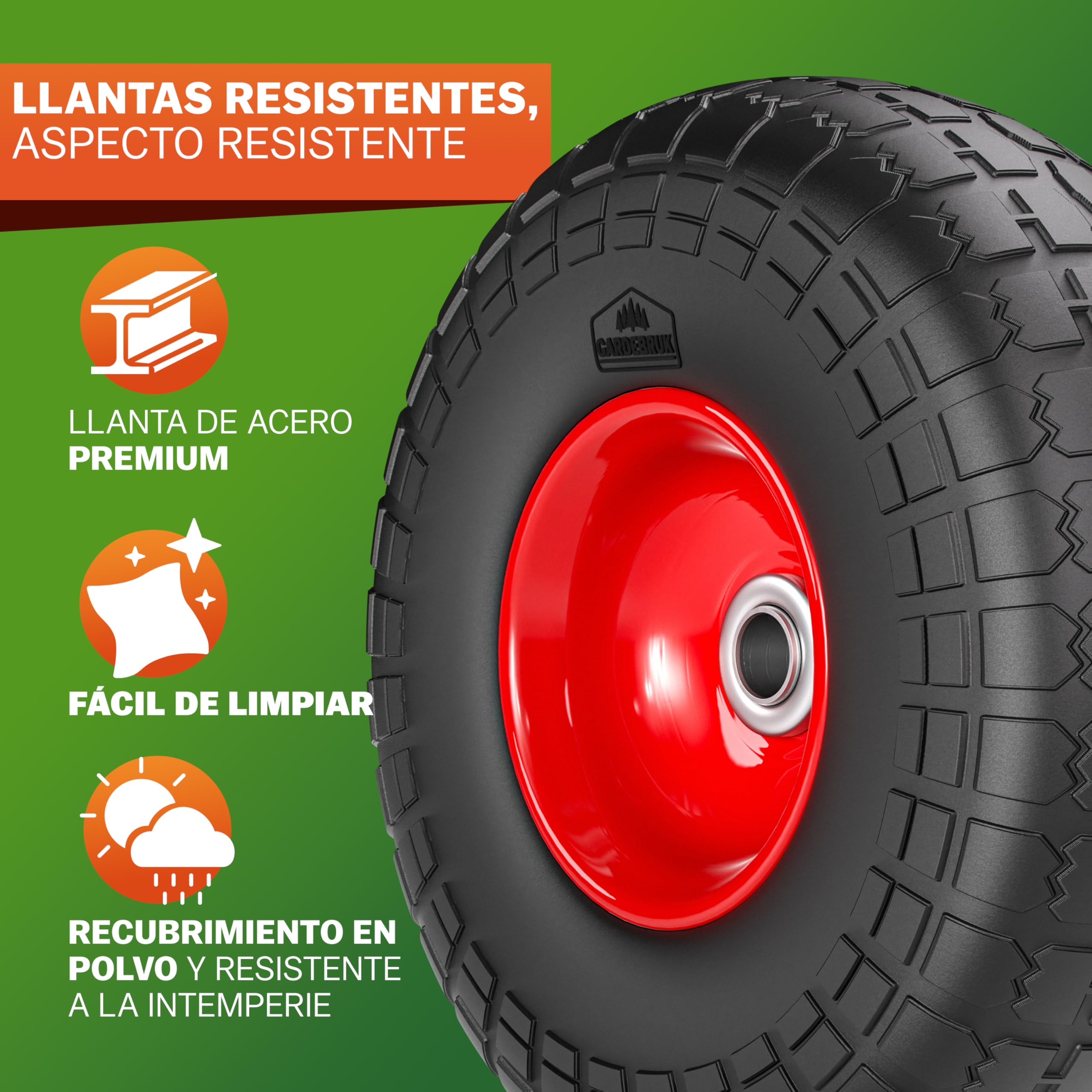 GARDEBRUK® Ruedas de Carretilla Set de 2 Goma Maciza PU Antipinchazos Repuesto Neumático Eje 20 mm Llanta Acero Recambio Capacidad Carga hasta 200 Kg
