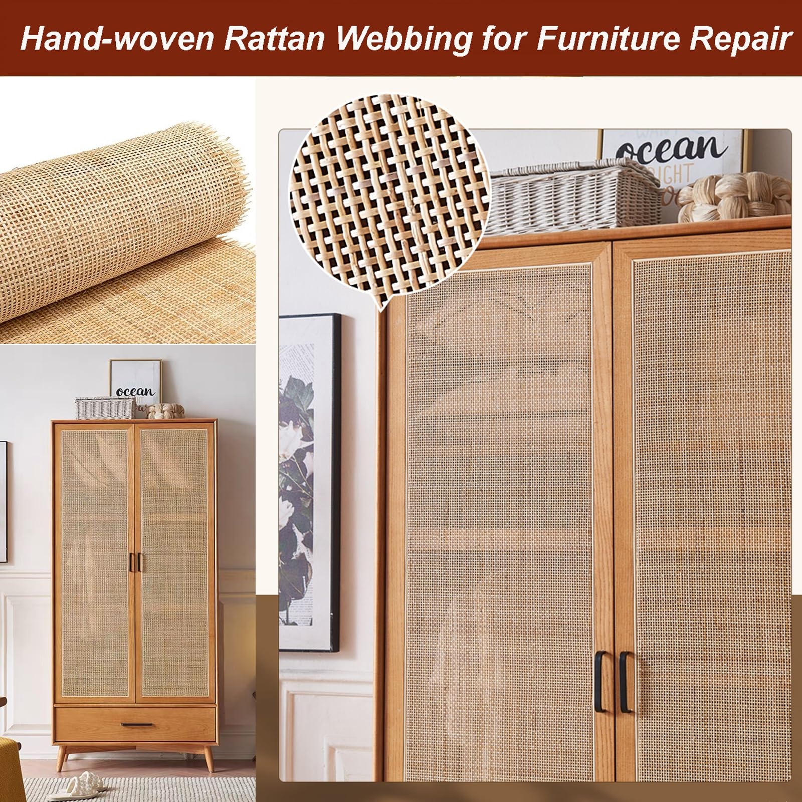 Natürliches Rattan Wiener Geflecht Meterware, Quadratische Rattan Gurtband Maschennetzrolle, 35–100 cm Breite Rohrgeflechtmaterial für Schranktüren MöBel Upcycling DIY Deko(45cmx2.5m)