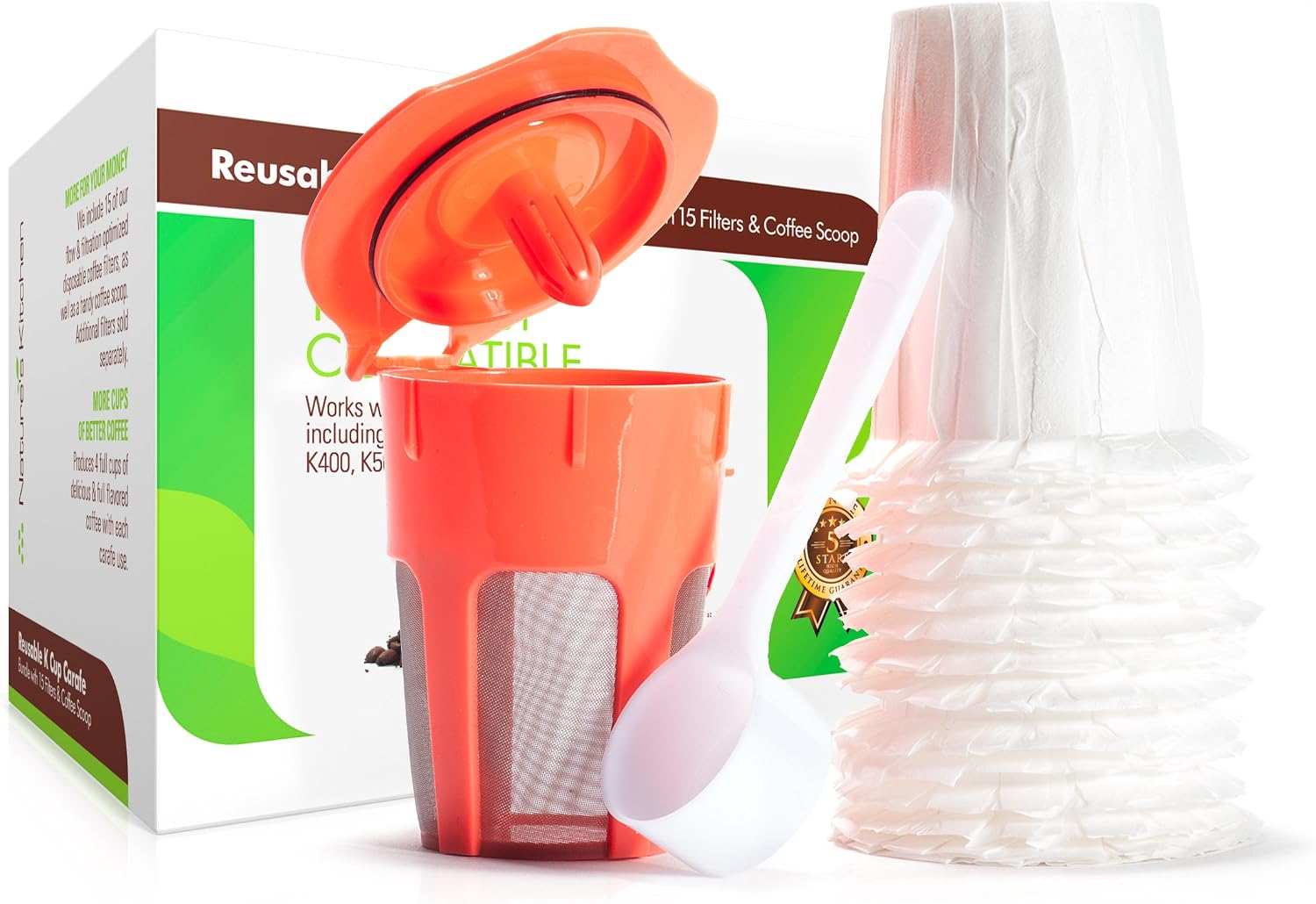 Reusable K Carafe Bundle w/ Optional Use Filters & Coffee Scoop by Nature's Kitchen (Refillable K Cup compatible with Keurig 2.0, K200, K300, K400, K500)