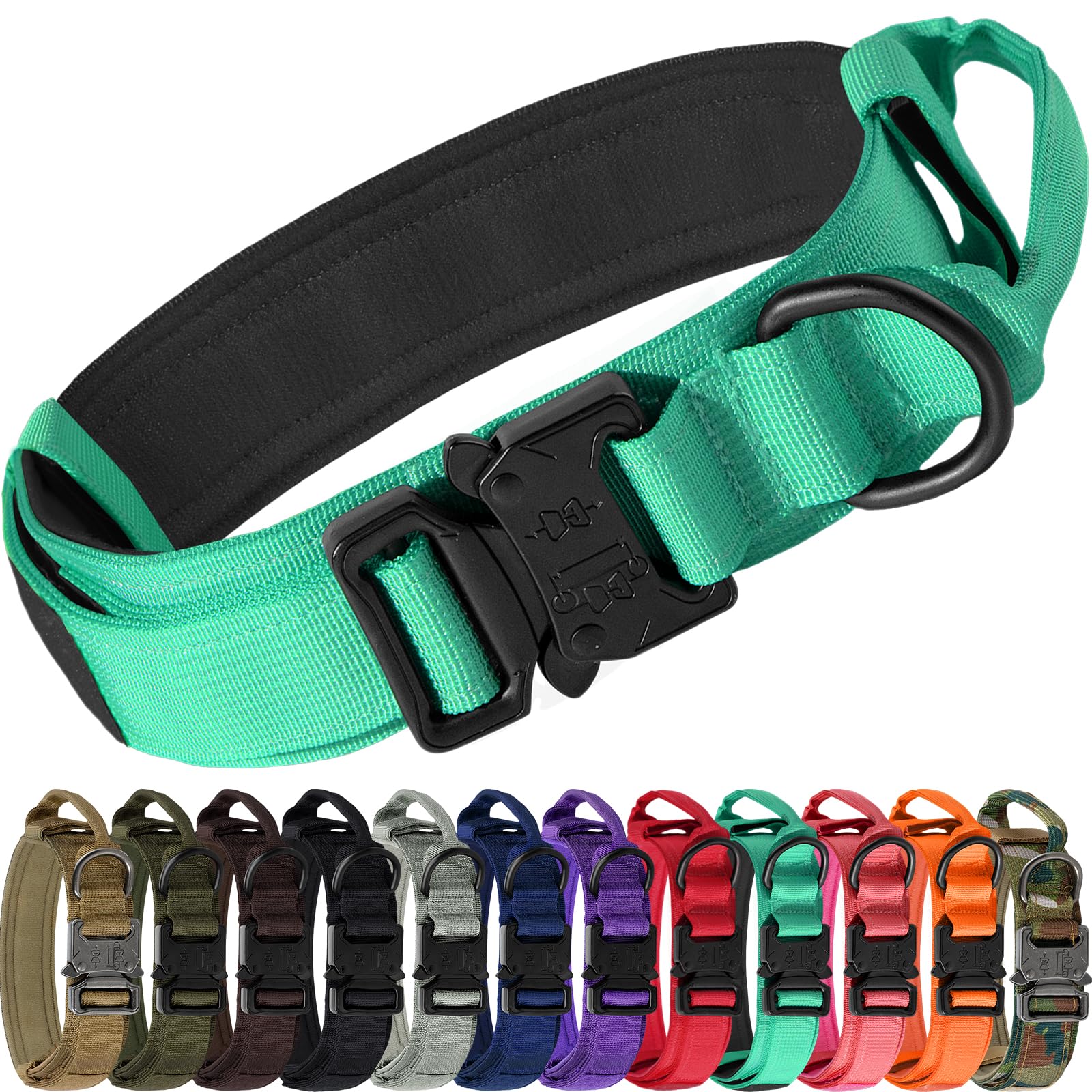 Joytale Tactical Dog Collar with Handle, Adjustable Heavy Duty Military Collar with 2 Patches for Training, Suitable for Large Dogs, Teal, L